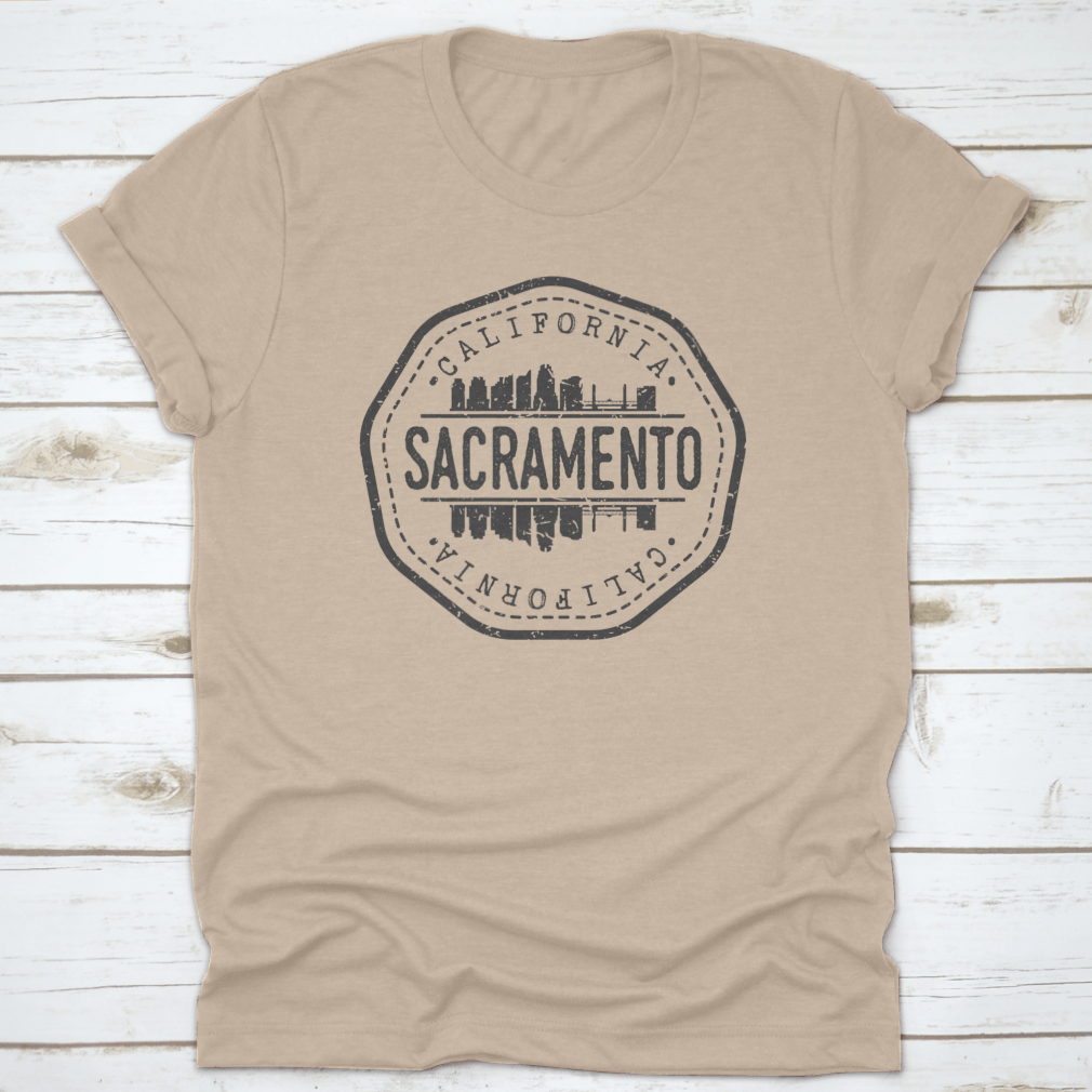 Sacramento Skyline Stamp Postmark T-shirt featuring a silhouette design, made from high-quality cotton fabric.