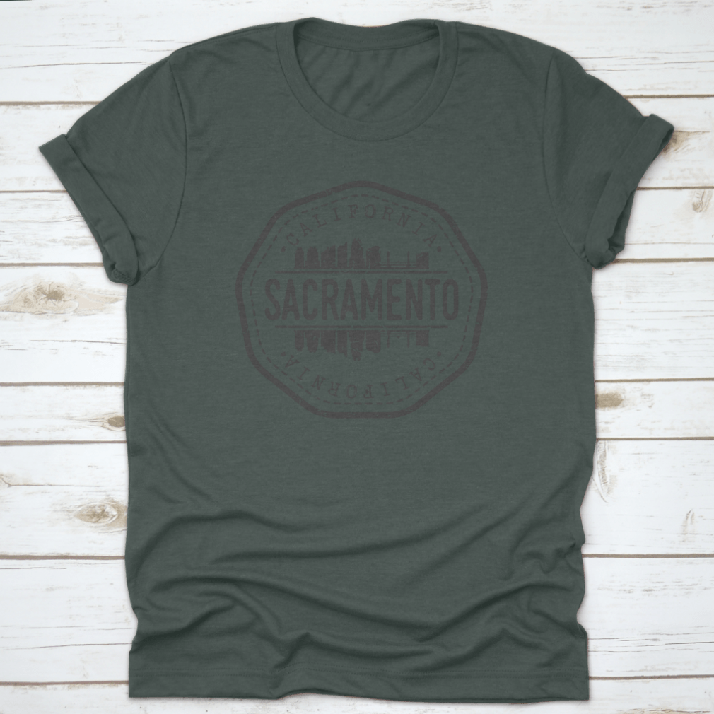 Sacramento Skyline Stamp Postmark T-shirt featuring a silhouette design, made from high-quality cotton fabric.