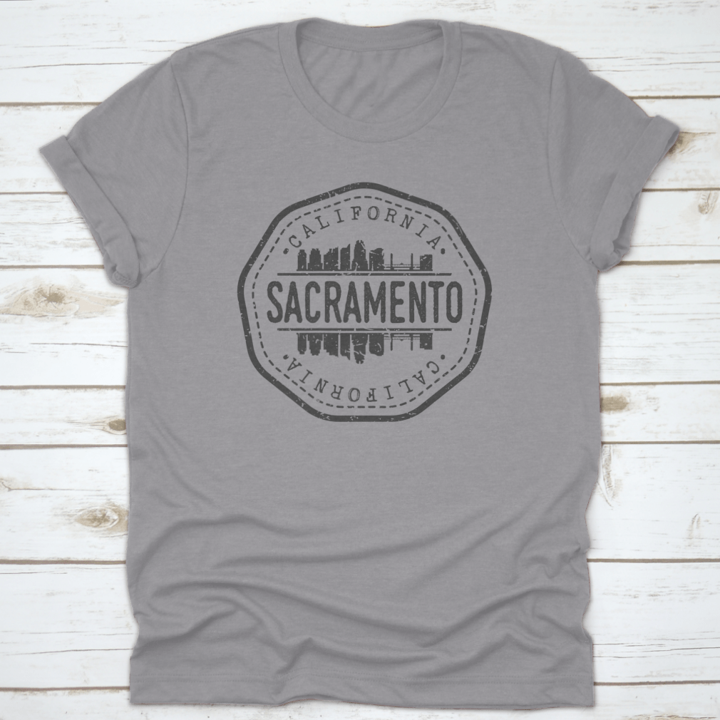 Sacramento Skyline Stamp Postmark T-shirt featuring a silhouette design, made from high-quality cotton fabric.