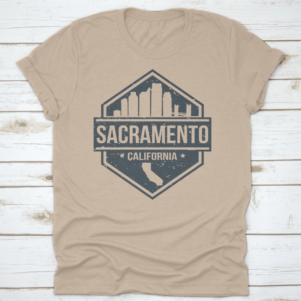 Sacramento California skyline travel stamp icon design on a cotton t-shirt, showcasing the city's iconic landmarks.