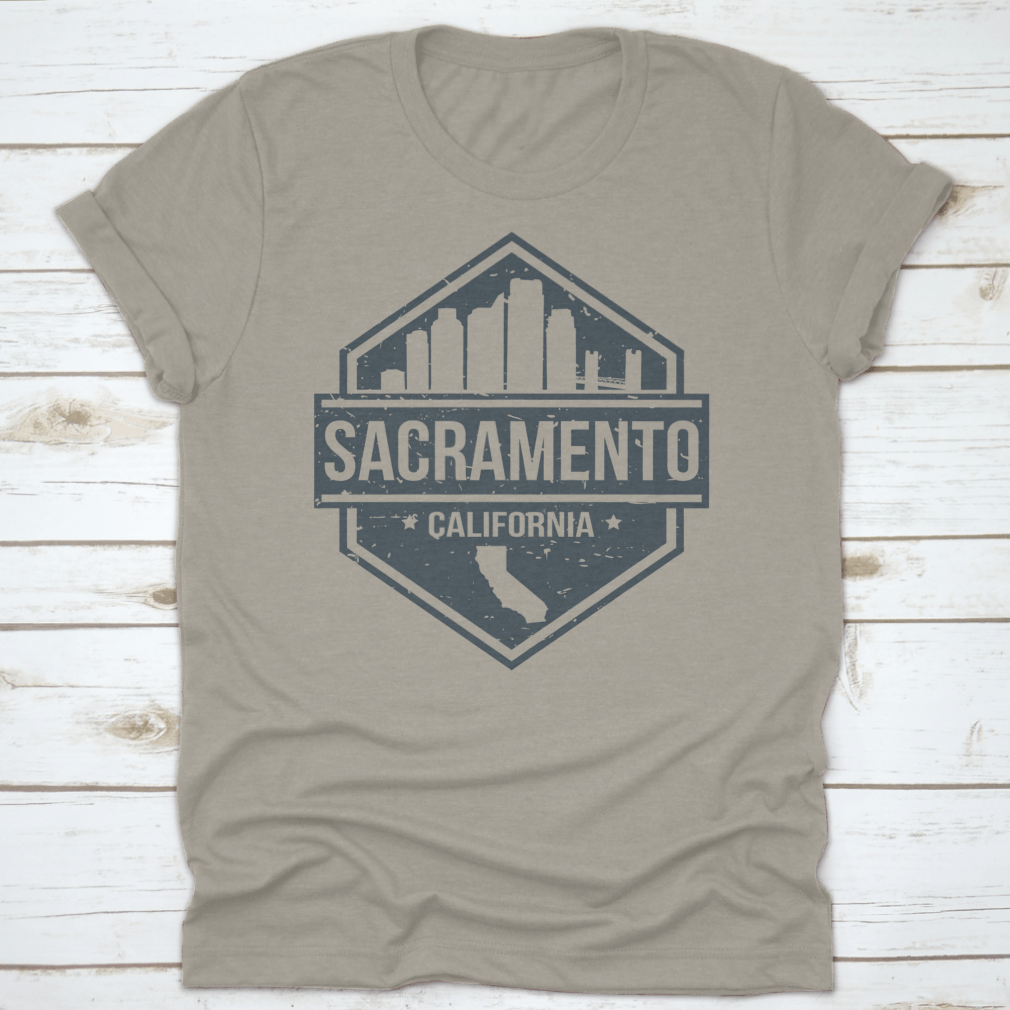 Sacramento California skyline travel stamp icon design on a cotton t-shirt, showcasing the city's iconic landmarks.