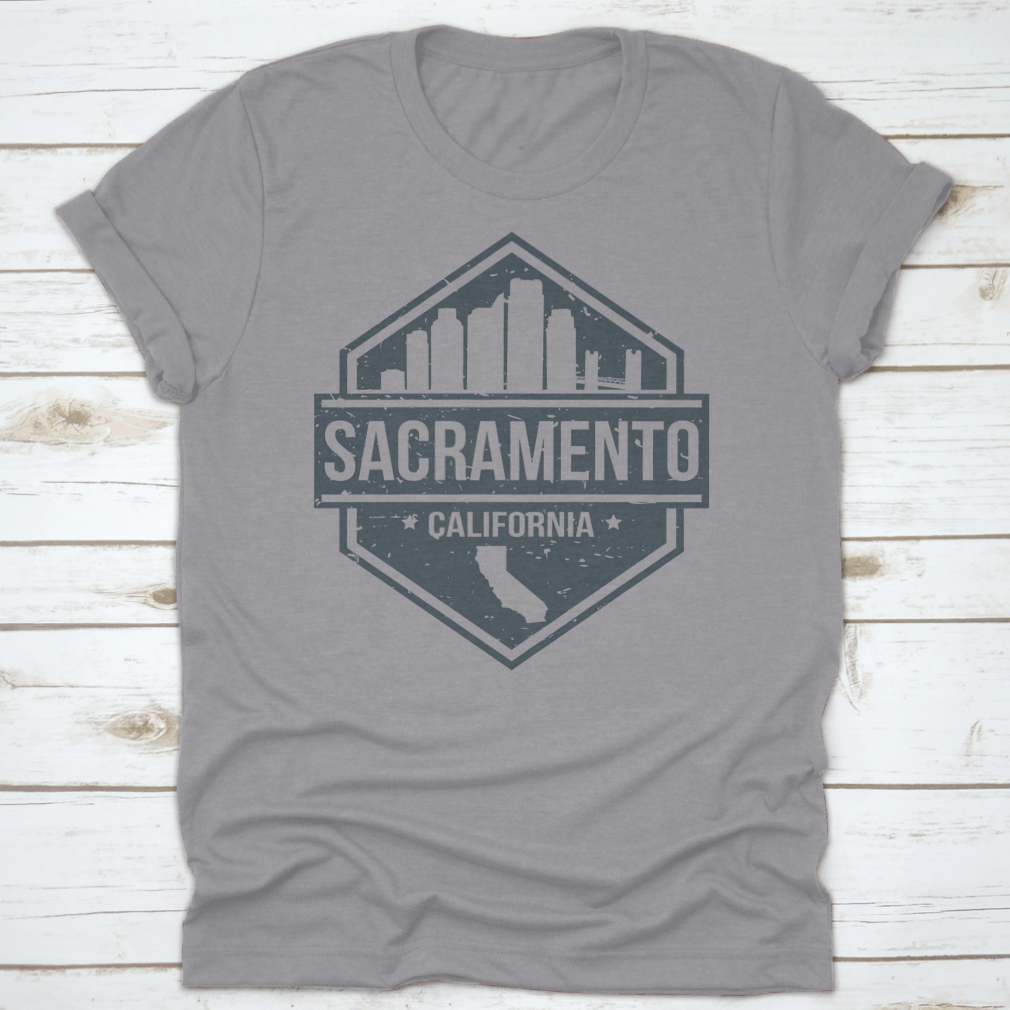 Sacramento California skyline travel stamp icon design on a cotton t-shirt, showcasing the city's iconic landmarks.