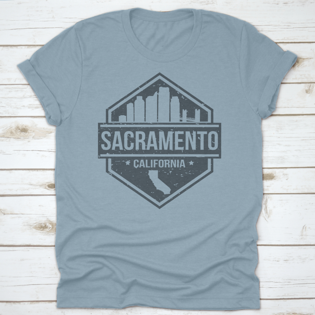 Sacramento California skyline travel stamp icon design on a cotton t-shirt, showcasing the city's iconic landmarks.