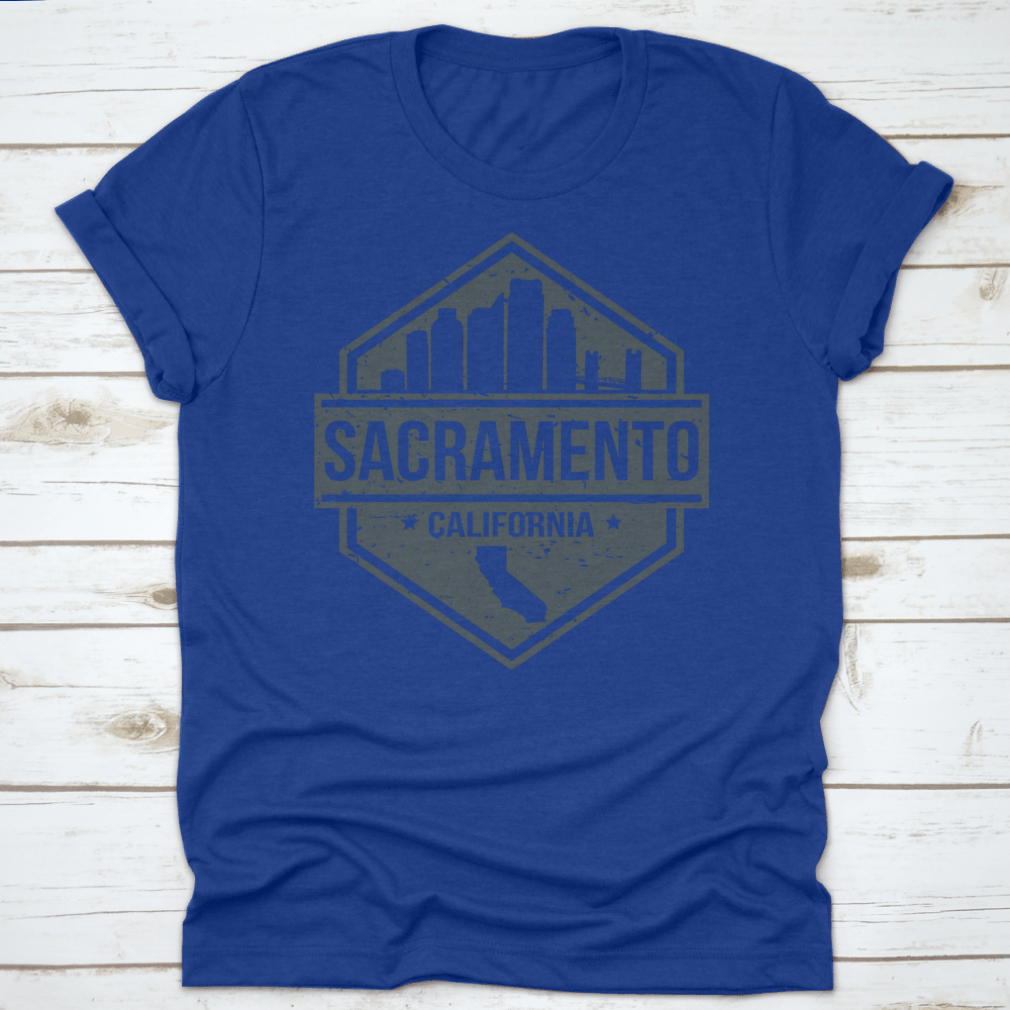 Sacramento California skyline travel stamp icon design on a cotton t-shirt, showcasing the city's iconic landmarks.