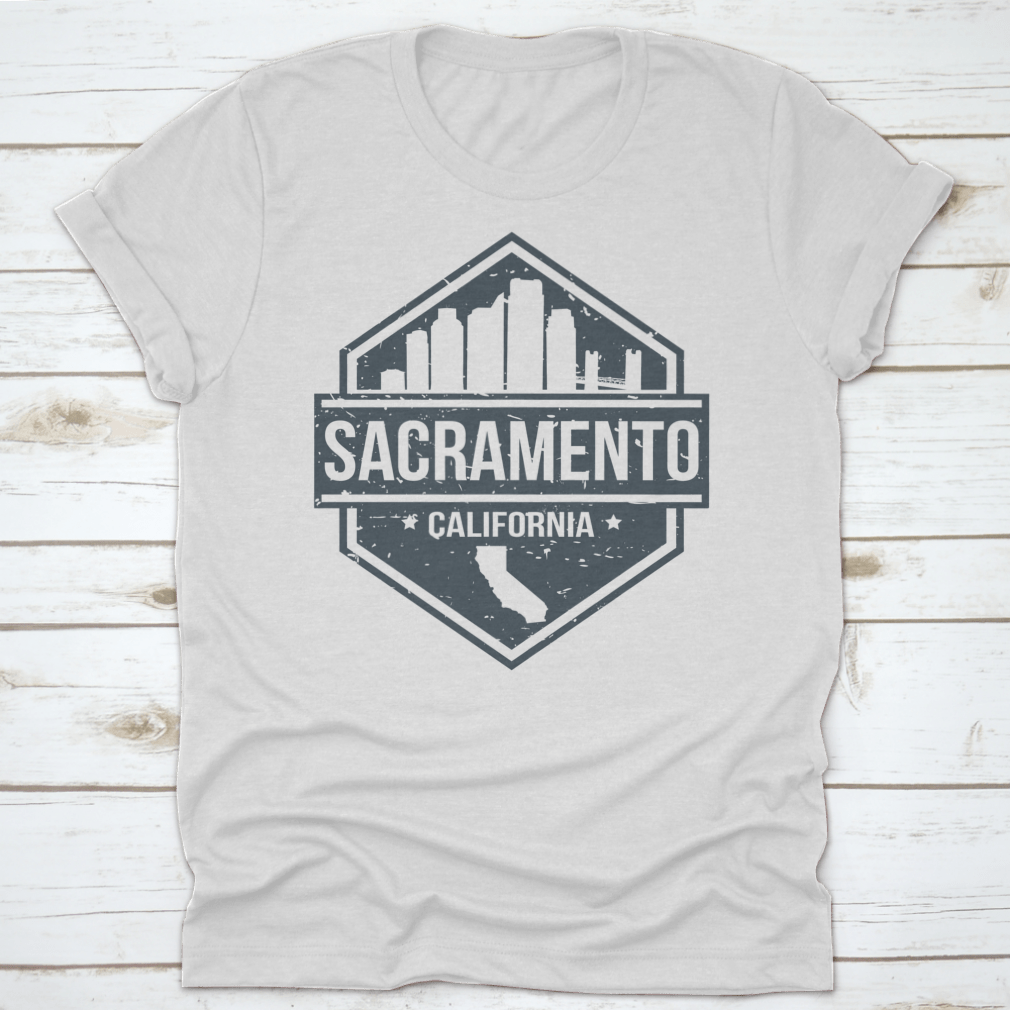 Sacramento California skyline travel stamp icon design on a cotton t-shirt, showcasing the city's iconic landmarks.