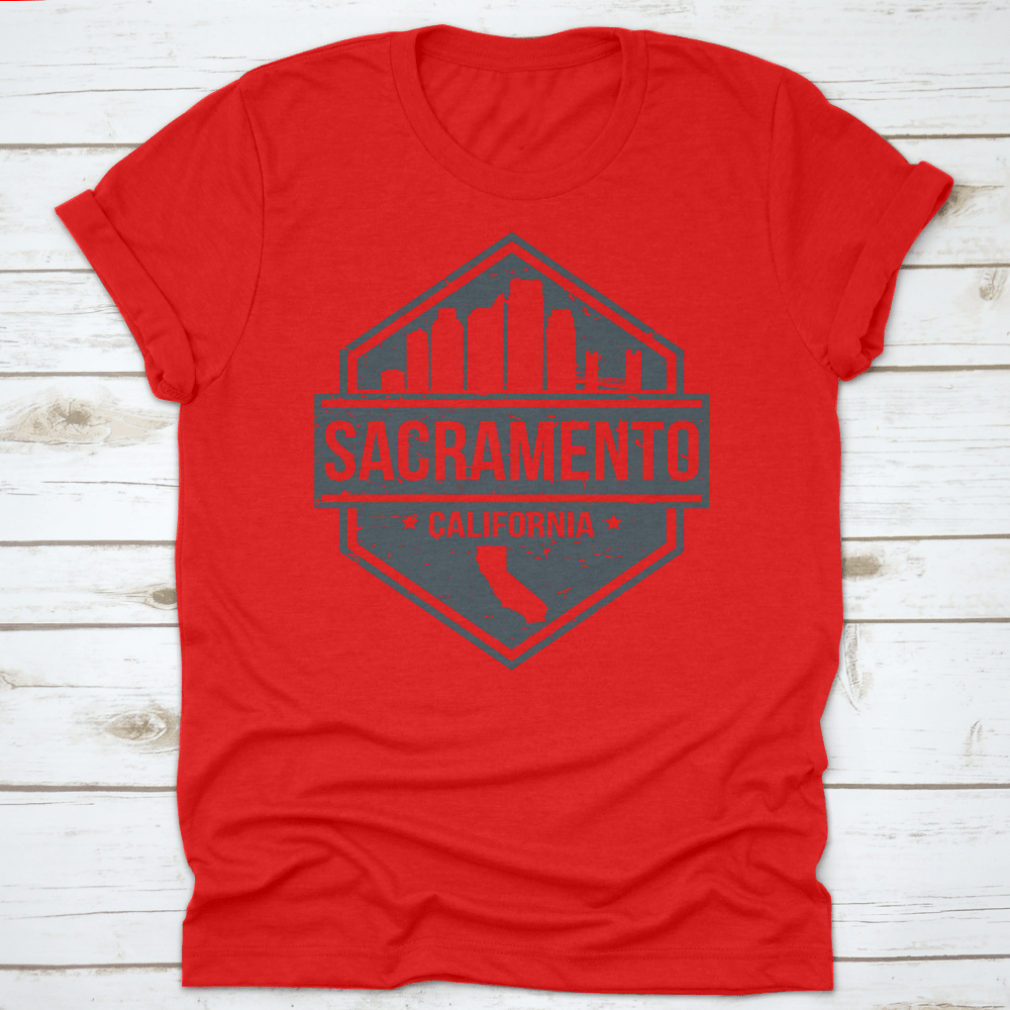 Sacramento California skyline travel stamp icon design on a cotton t-shirt, showcasing the city's iconic landmarks.