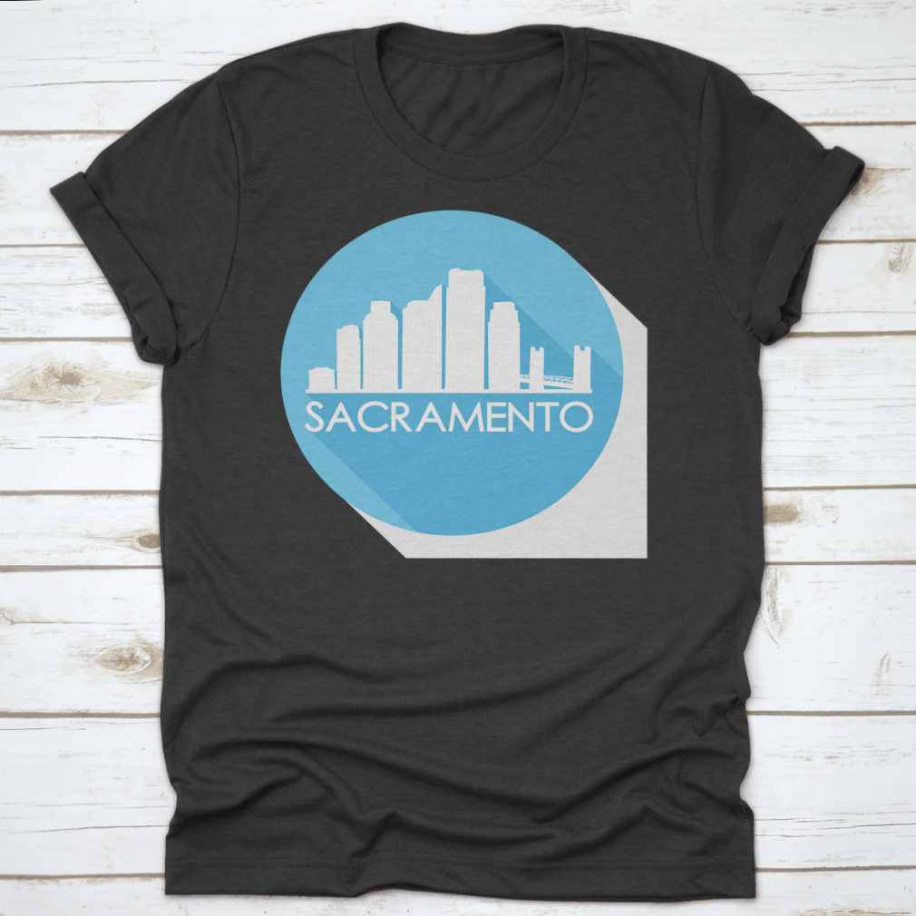 Sacramento California skyline silhouette design on a stylish flat icon apparel, showcasing iconic buildings and urban landscape.