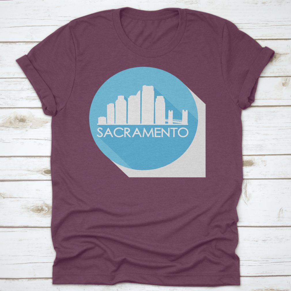 Sacramento California skyline silhouette design on a stylish flat icon apparel, showcasing iconic buildings and urban landscape.