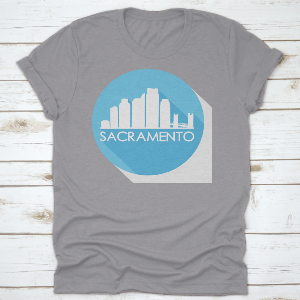 Sacramento California skyline silhouette design on a stylish flat icon apparel, showcasing iconic buildings and urban landscape.