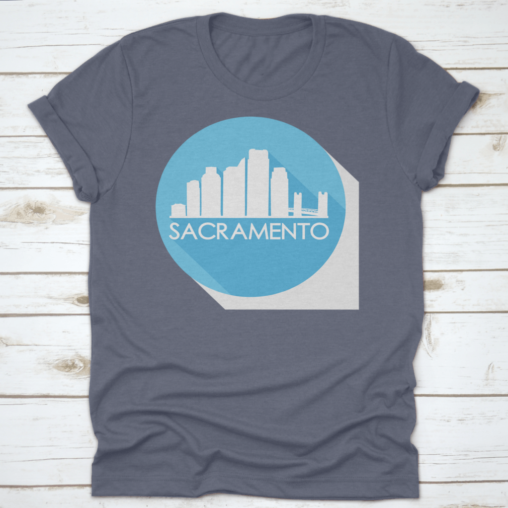 Sacramento California skyline silhouette design on a stylish flat icon apparel, showcasing iconic buildings and urban landscape.