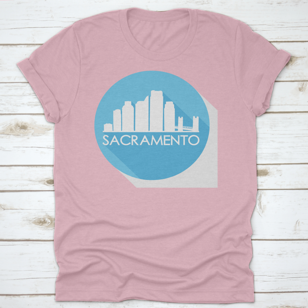 Sacramento California skyline silhouette design on a stylish flat icon apparel, showcasing iconic buildings and urban landscape.