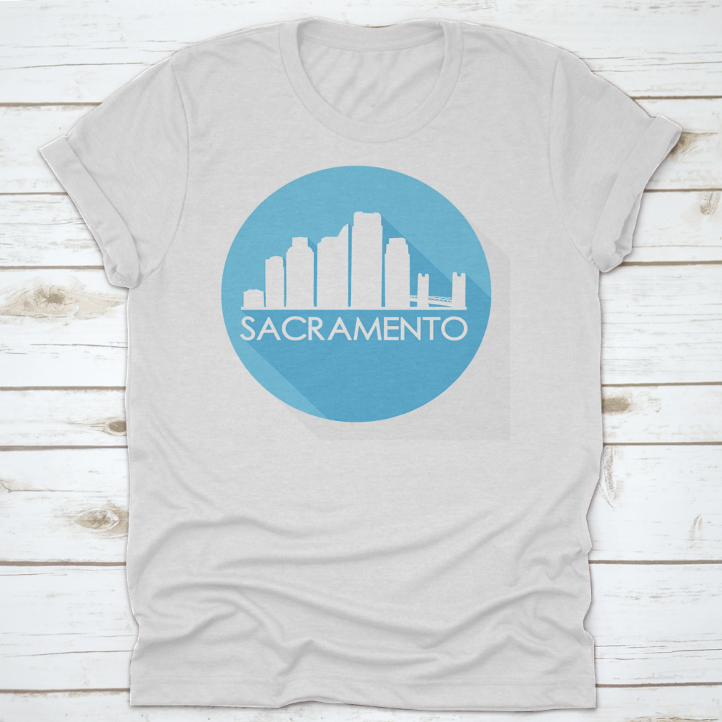 Sacramento California skyline silhouette design on a stylish flat icon apparel, showcasing iconic buildings and urban landscape.