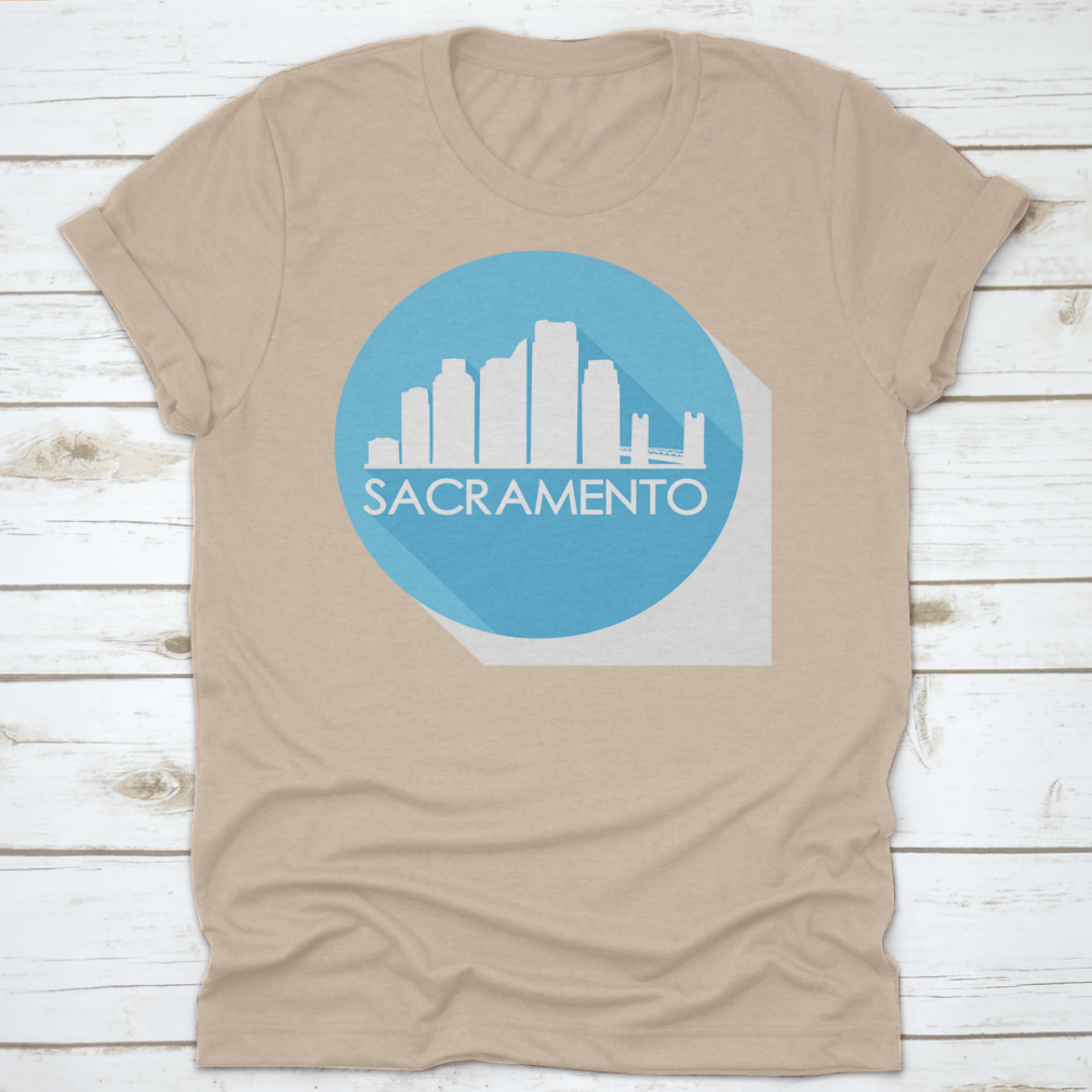 Sacramento California skyline silhouette design on a stylish flat icon apparel, showcasing iconic buildings and urban landscape.