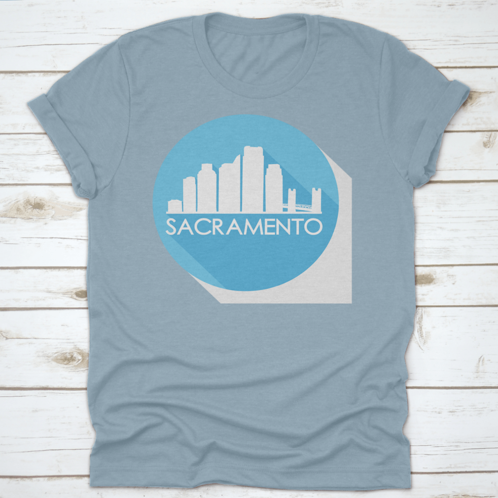 Sacramento California skyline silhouette design on a stylish flat icon apparel, showcasing iconic buildings and urban landscape.