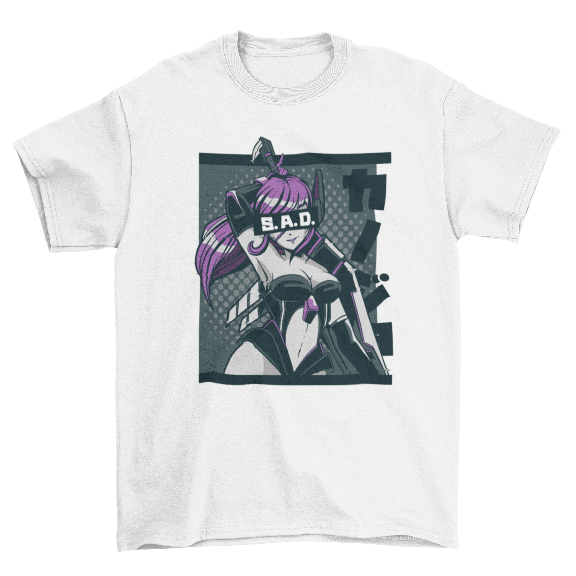 Sad anime girl t-shirt featuring an illustration of an anime girl with her eyes covered and the word 'Sad' in a stylish font.