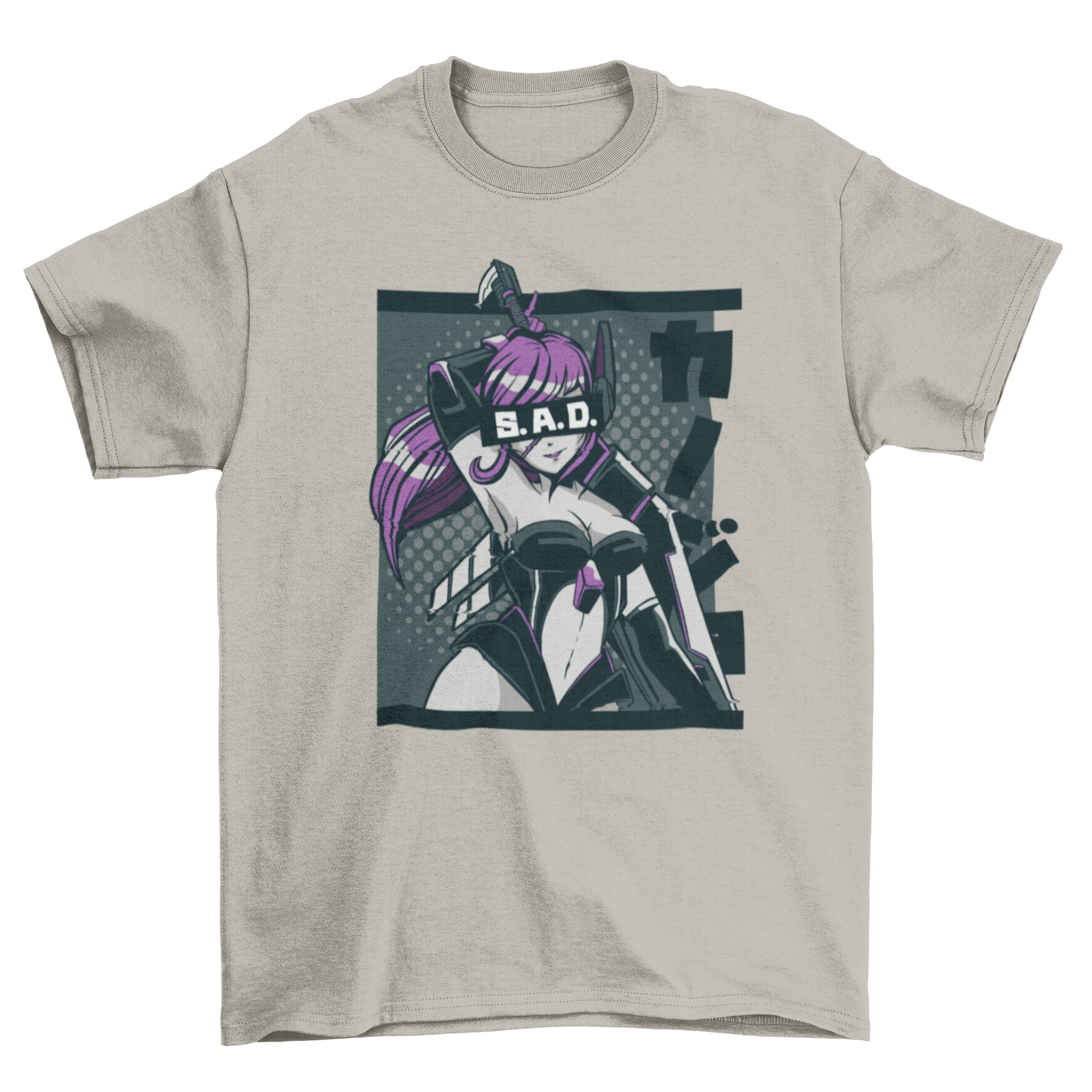 Sad anime girl t-shirt featuring an illustration of an anime girl with her eyes covered and the word 'Sad' in a stylish font.