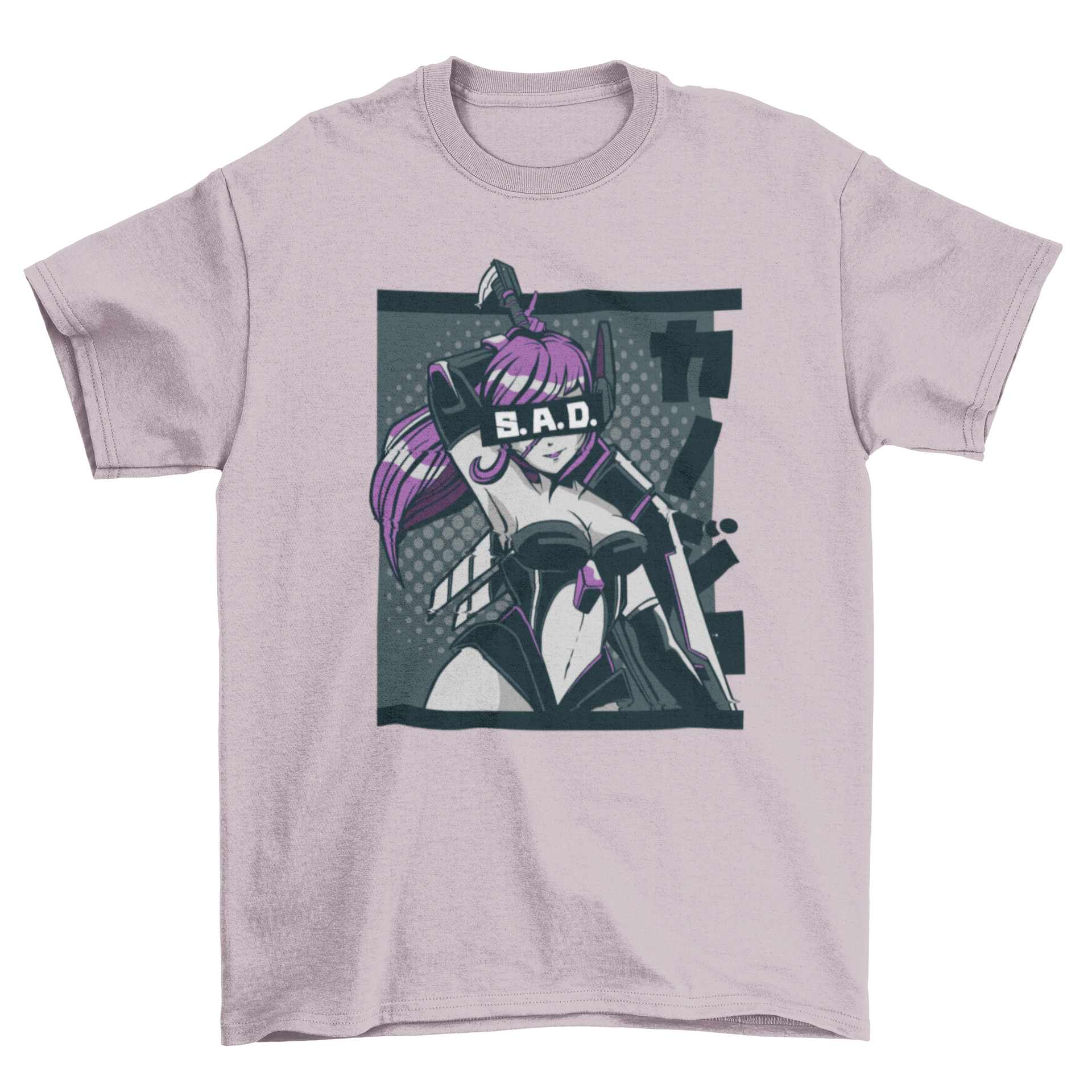 Sad anime girl t-shirt featuring an illustration of an anime girl with her eyes covered and the word 'Sad' in a stylish font.