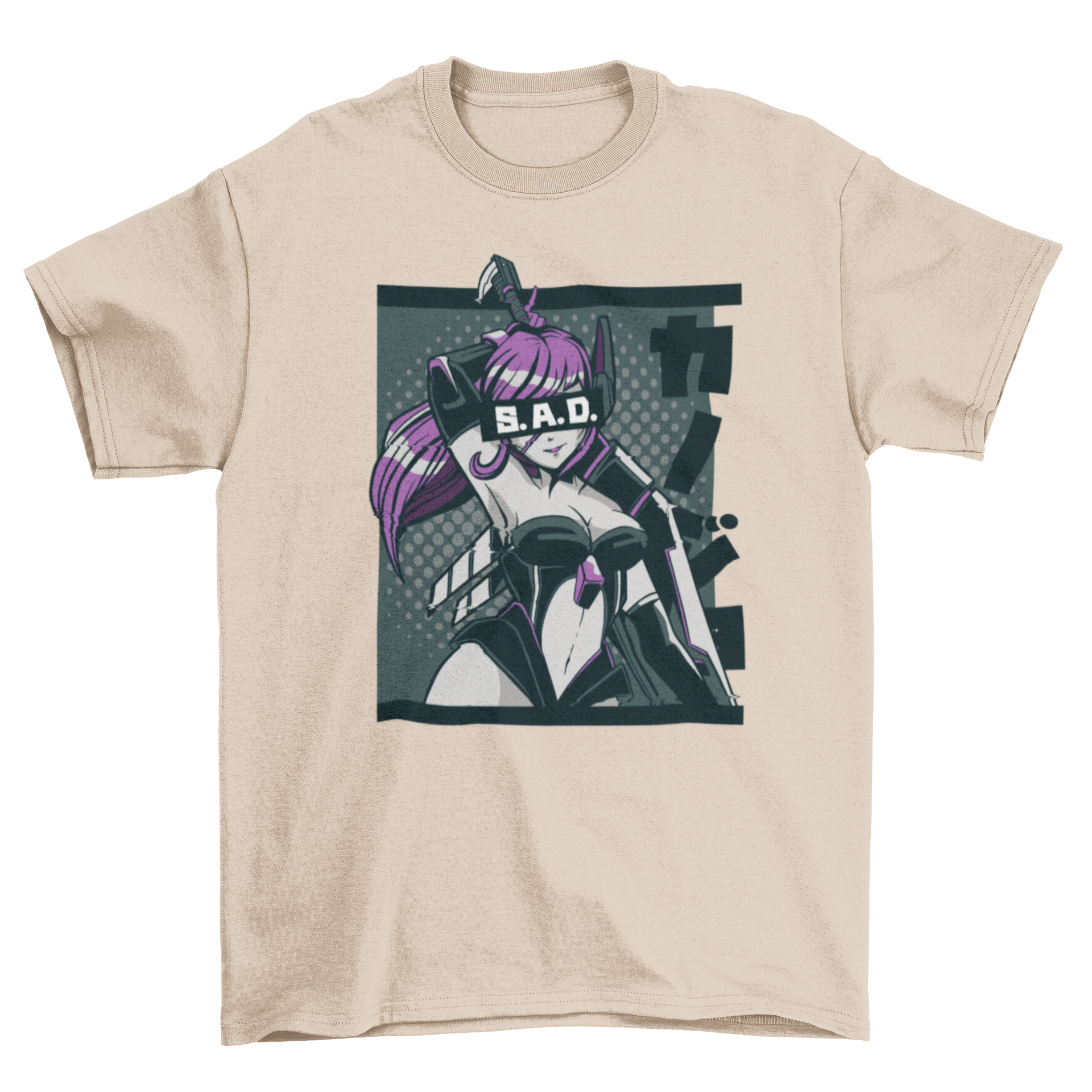 Sad anime girl t-shirt featuring an illustration of an anime girl with her eyes covered and the word 'Sad' in a stylish font.