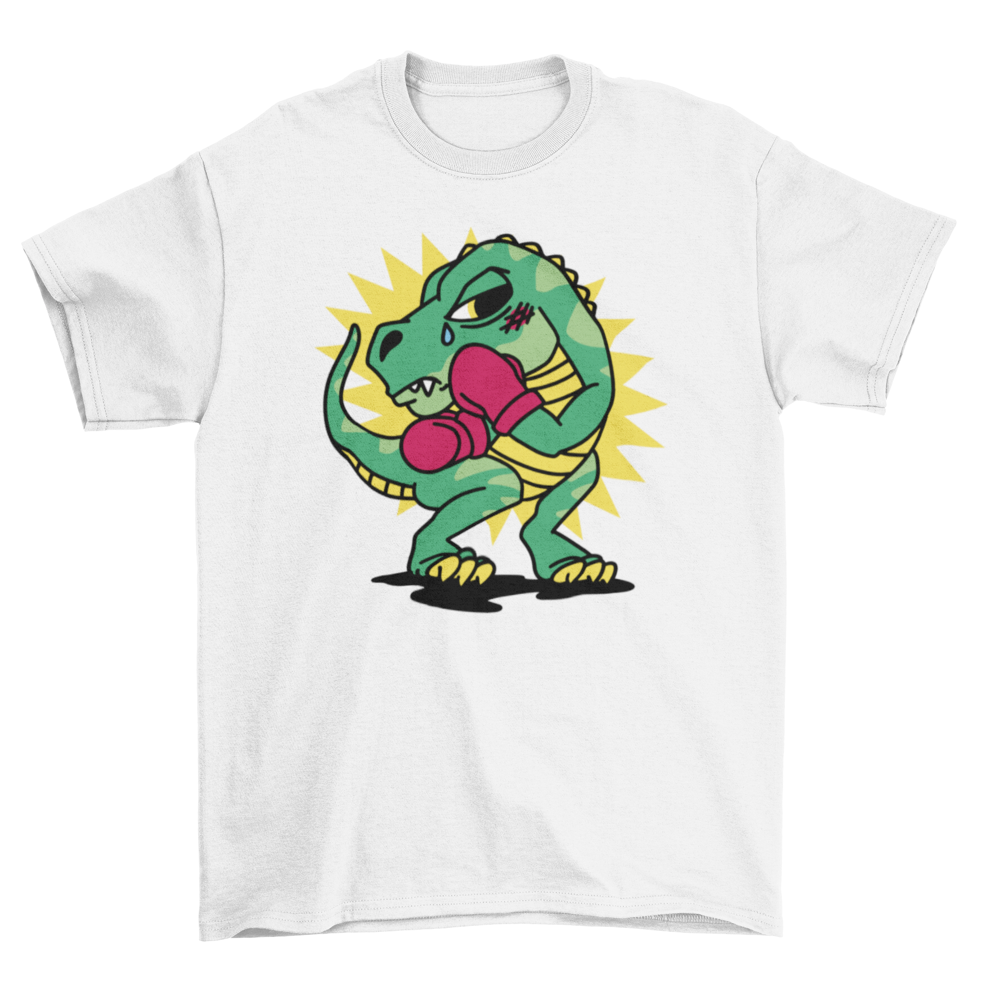 A humorous t-shirt featuring a sad T-rex in boxing gloves, showcasing a playful design.