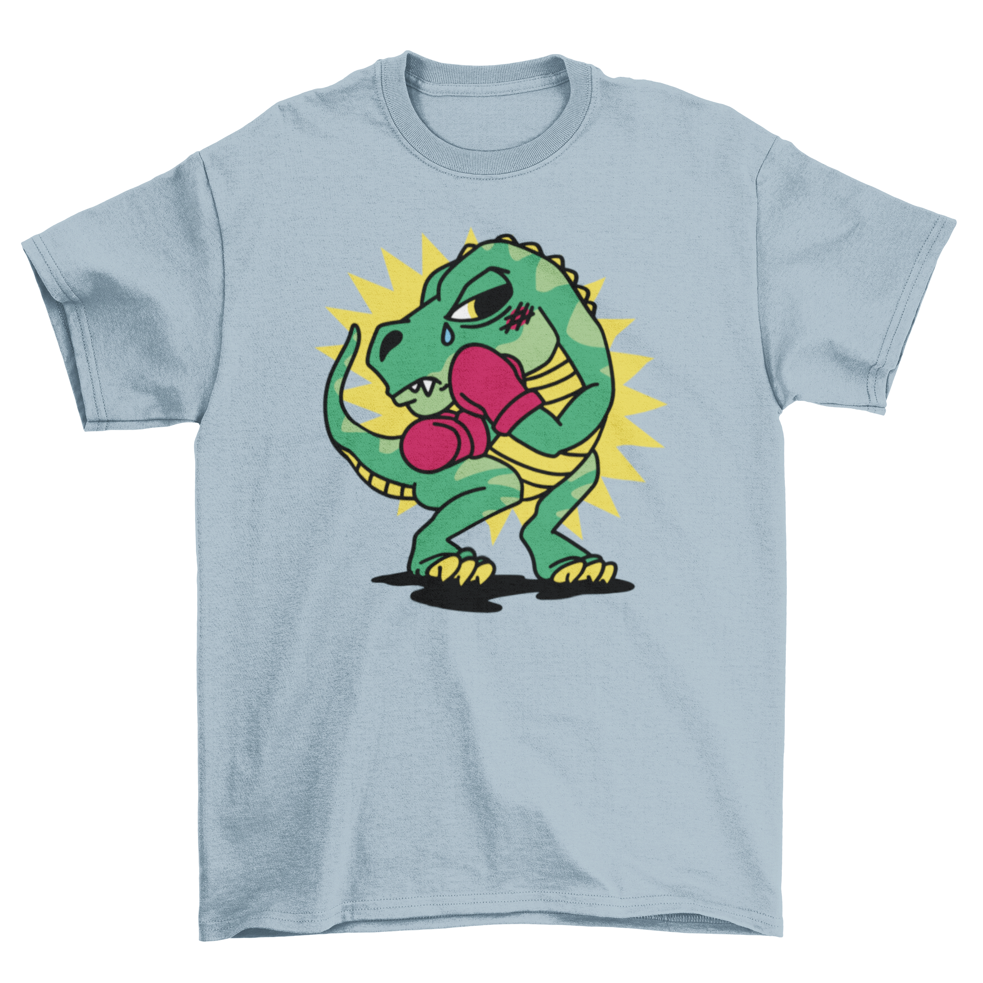 A humorous t-shirt featuring a sad T-rex in boxing gloves, showcasing a playful design.