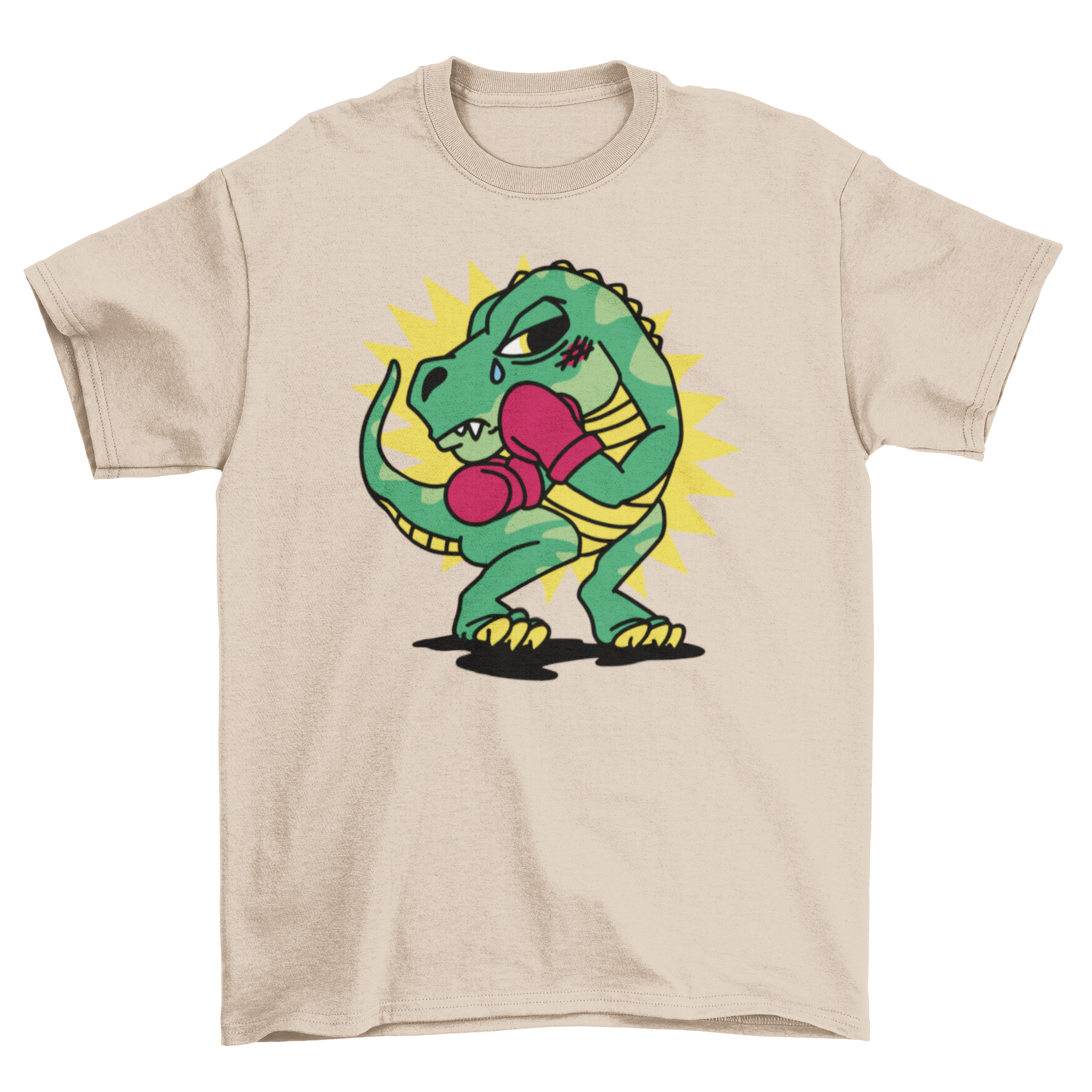 A humorous t-shirt featuring a sad T-rex in boxing gloves, showcasing a playful design.