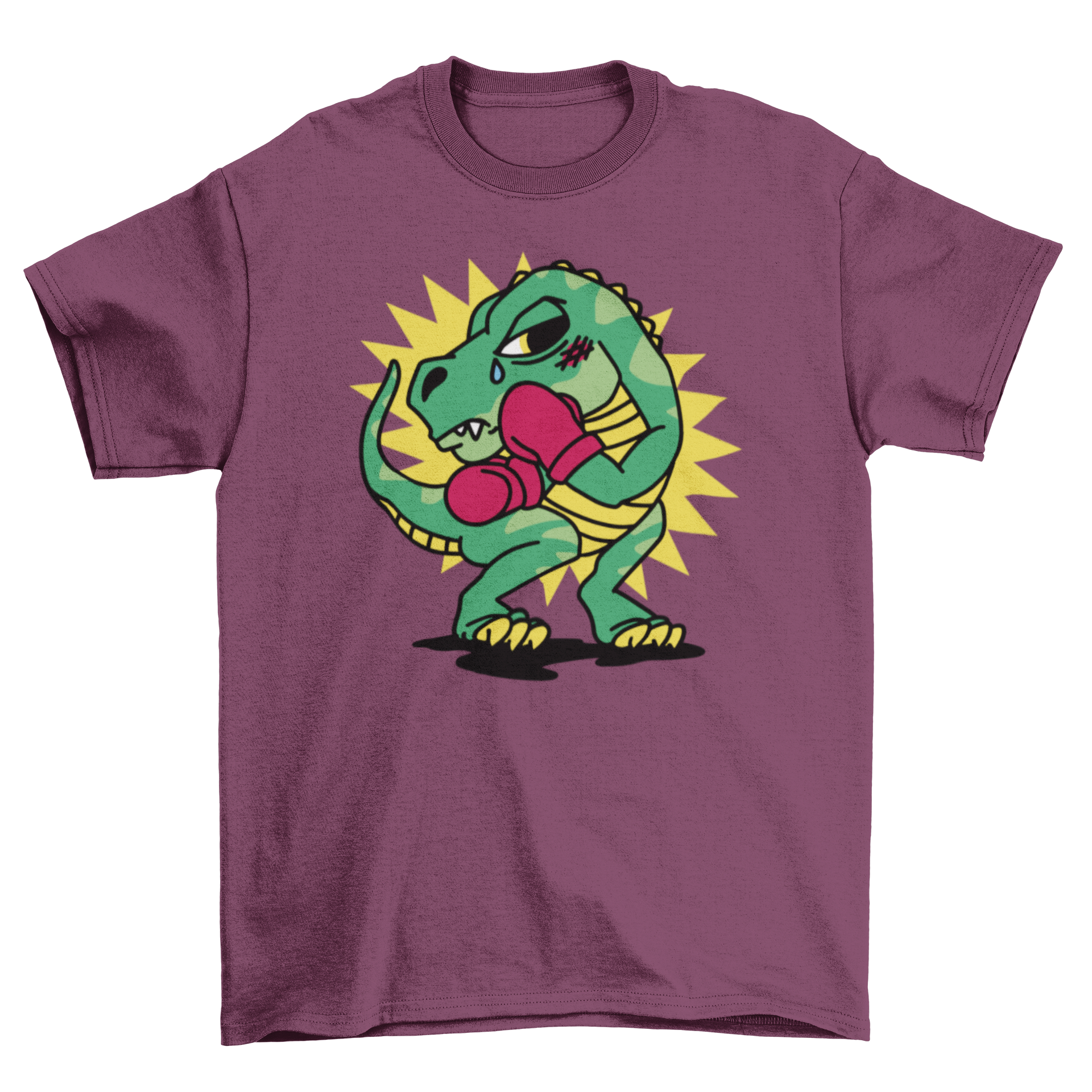 A humorous t-shirt featuring a sad T-rex in boxing gloves, showcasing a playful design.