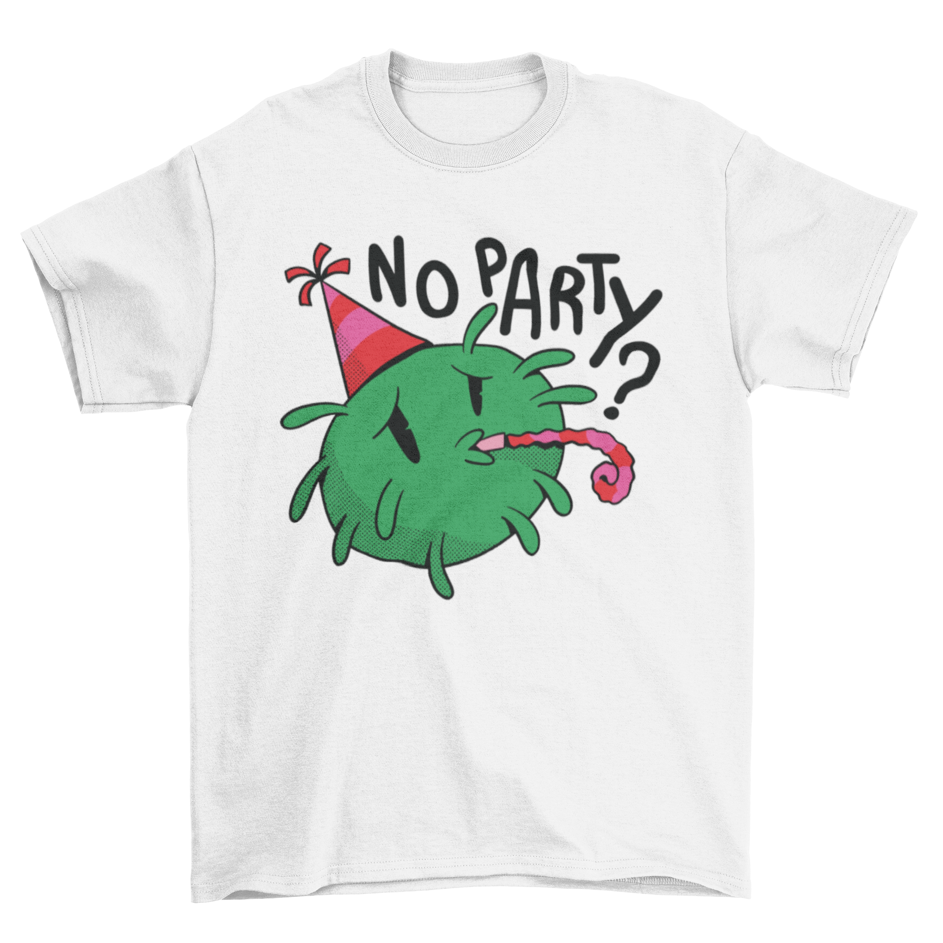 Sad Covid T-shirt featuring a sad coronavirus character in party gear with the quote 'No party?'