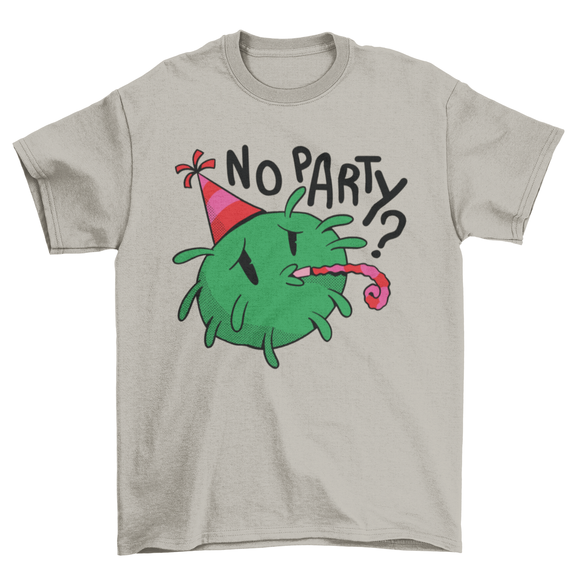 Sad Covid T-shirt featuring a sad coronavirus character in party gear with the quote 'No party?'