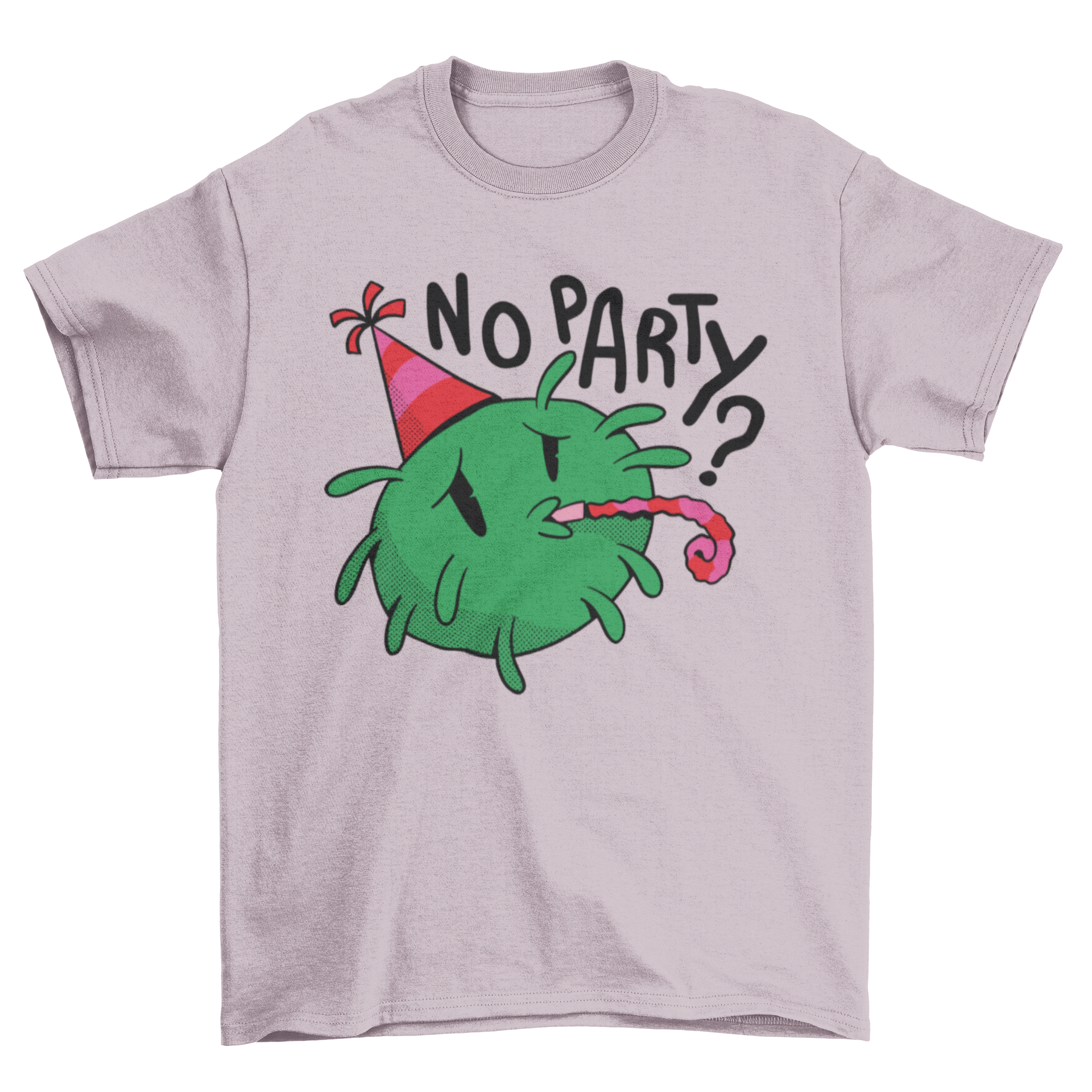 Sad Covid T-shirt featuring a sad coronavirus character in party gear with the quote 'No party?'