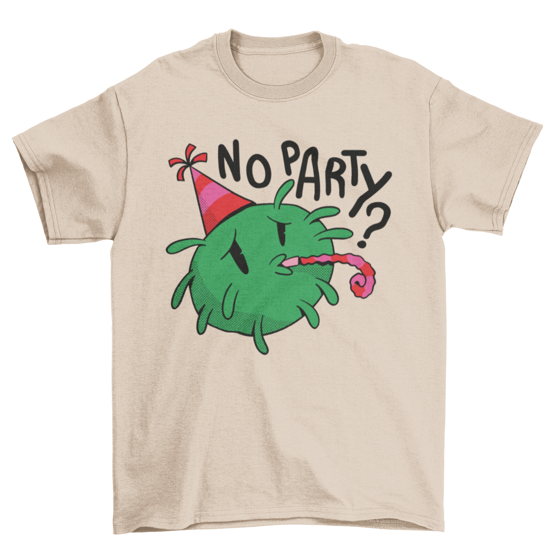 Sad Covid T-shirt featuring a sad coronavirus character in party gear with the quote 'No party?'