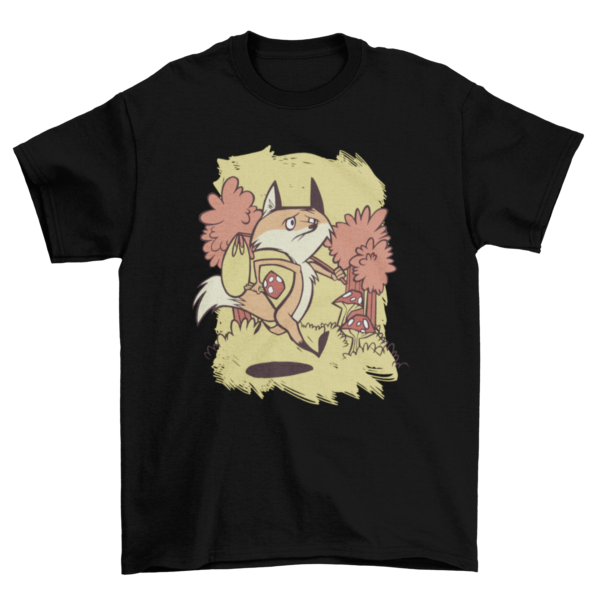 A stylish Sad Fox T-shirt featuring a unique illustration of a sad fox running away, perfect for casual wear.