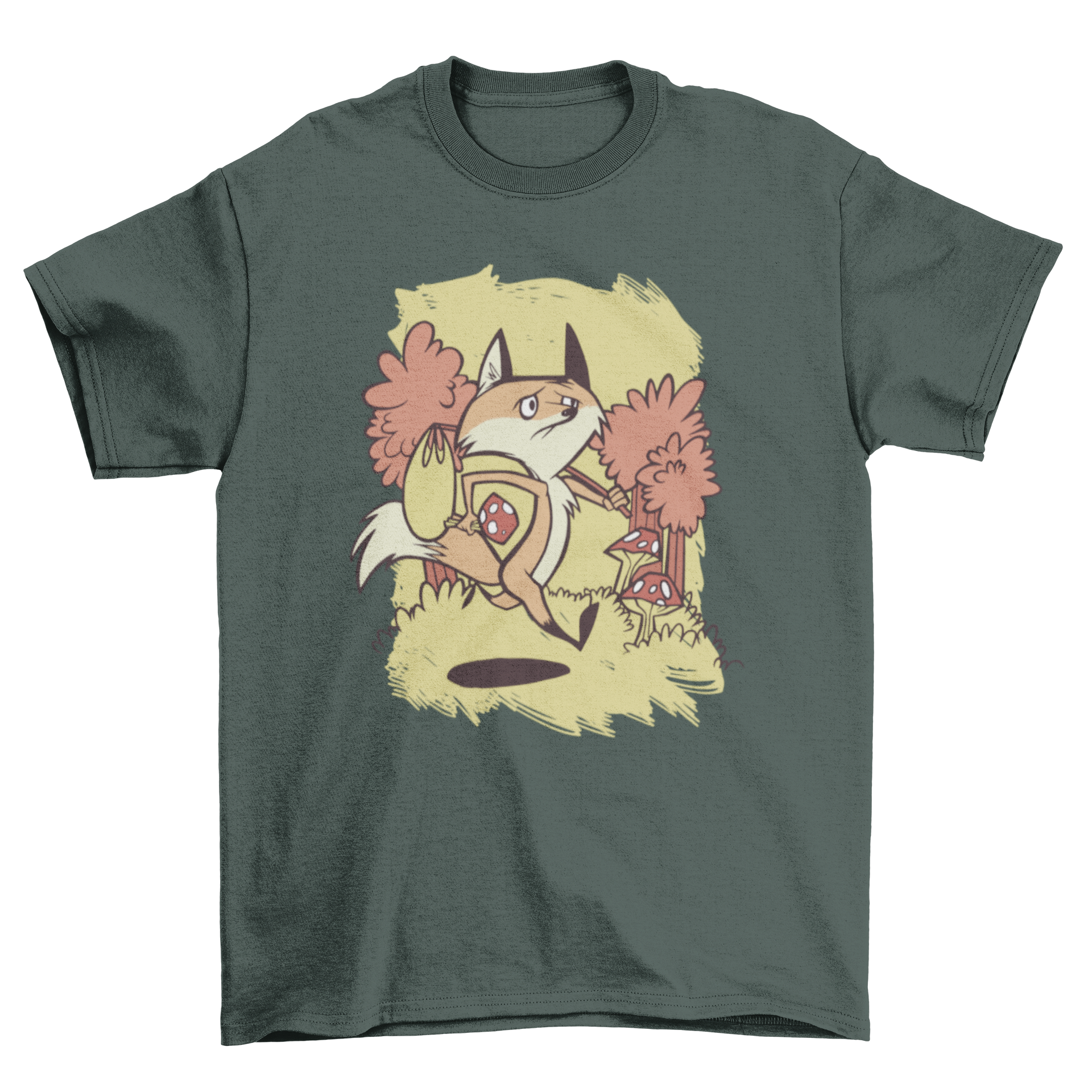 A stylish Sad Fox T-shirt featuring a unique illustration of a sad fox running away, perfect for casual wear.