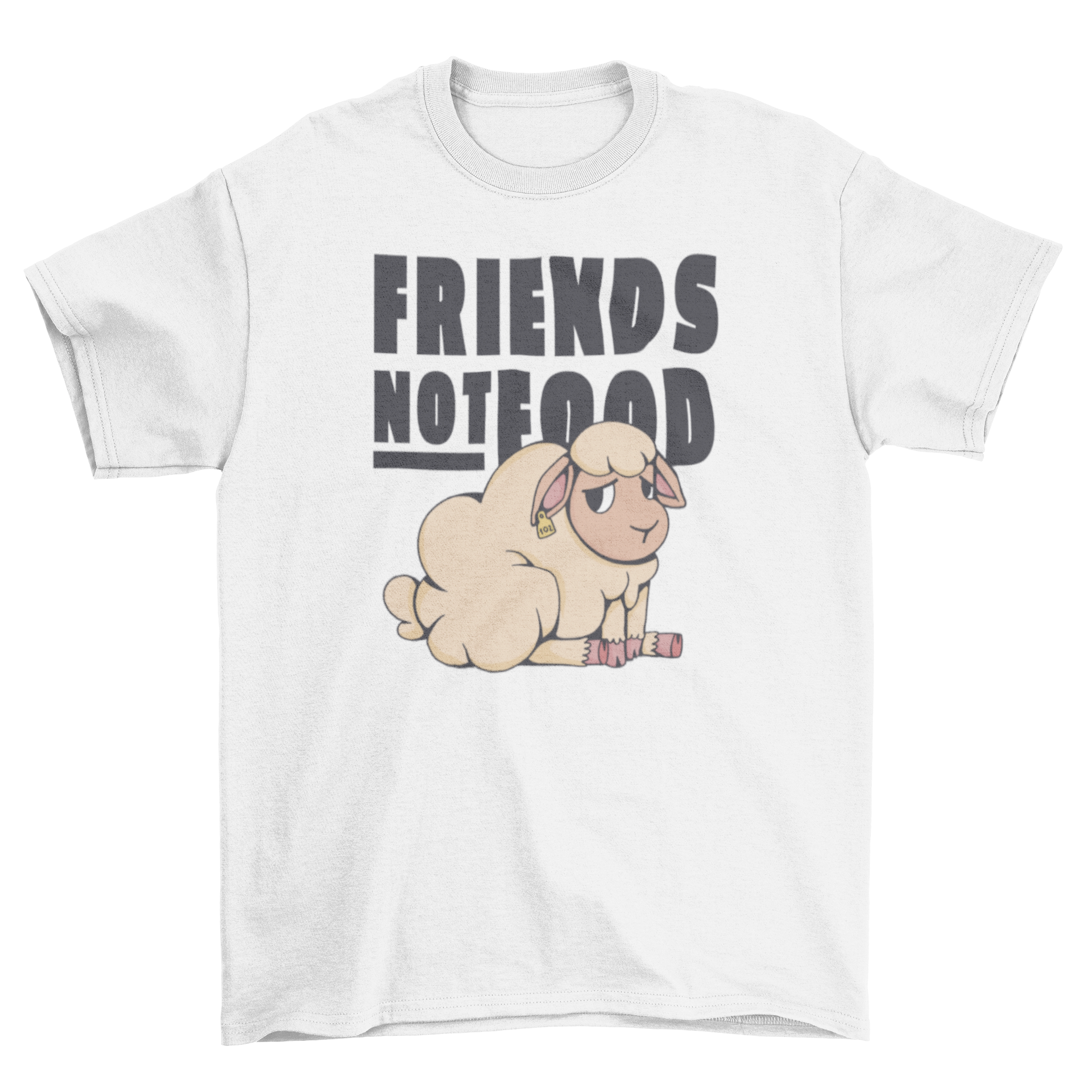 Sad sheep illustration on a vegan-themed t-shirt with the quote 'Friends not food'.