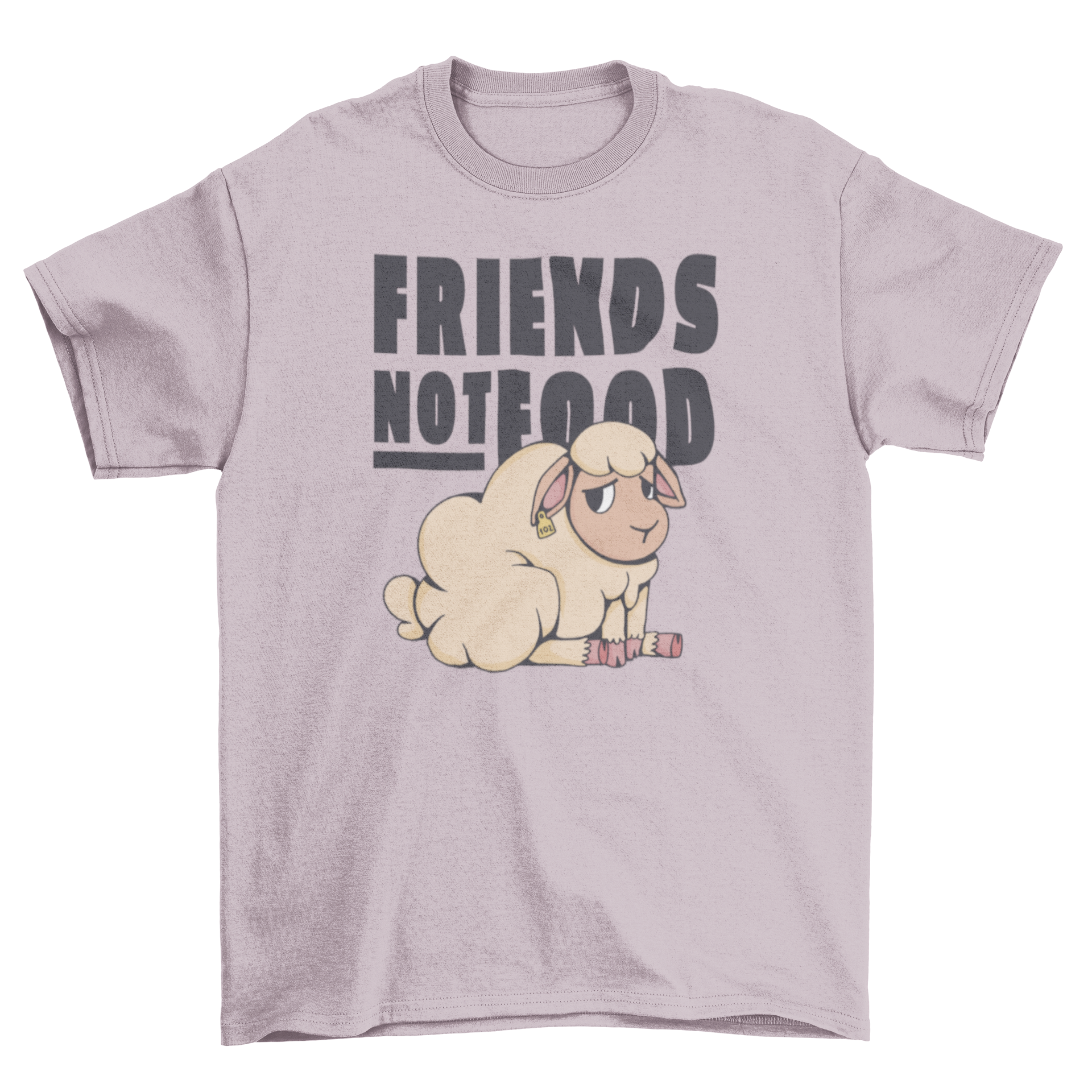 Sad sheep illustration on a vegan-themed t-shirt with the quote 'Friends not food'.