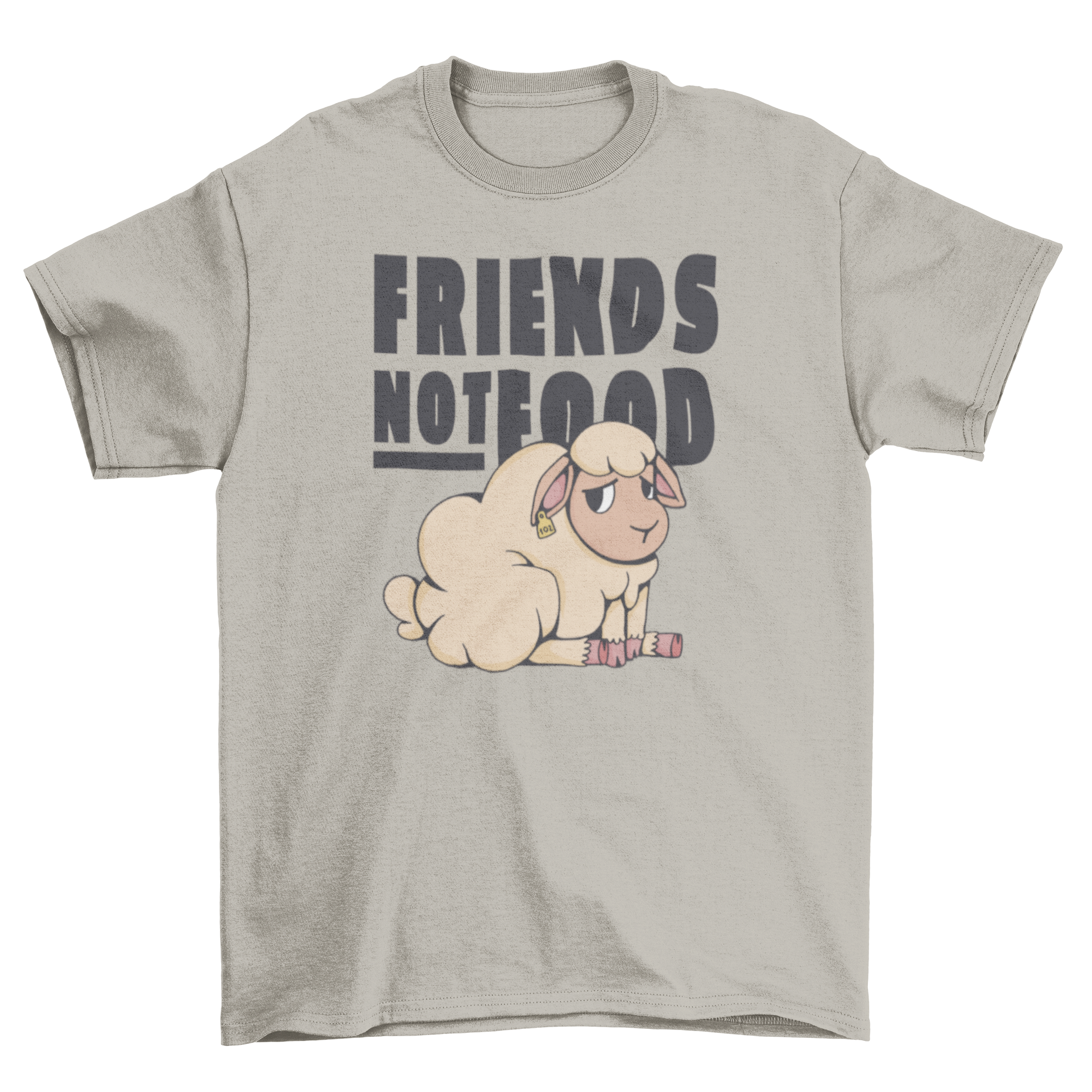 Sad sheep illustration on a vegan-themed t-shirt with the quote 'Friends not food'.