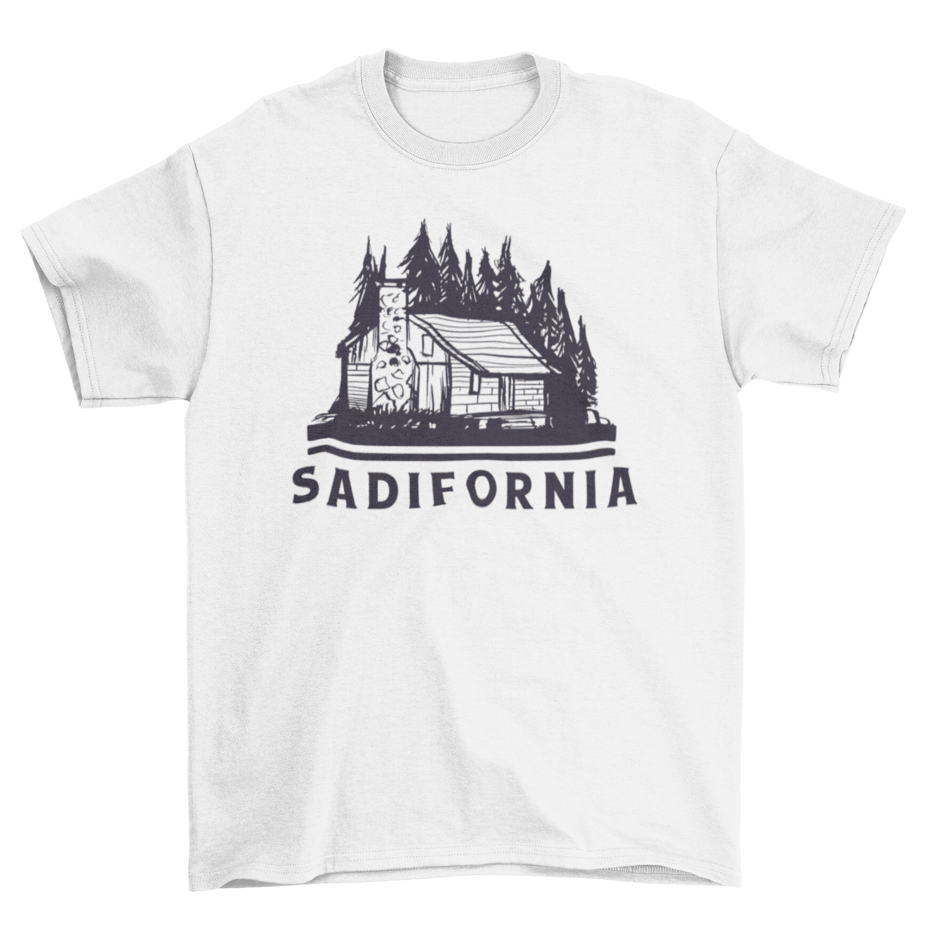 Sadifornia t-shirt featuring a black and white cabin design surrounded by pines, with the word 'Sadifornia' prominently displayed.