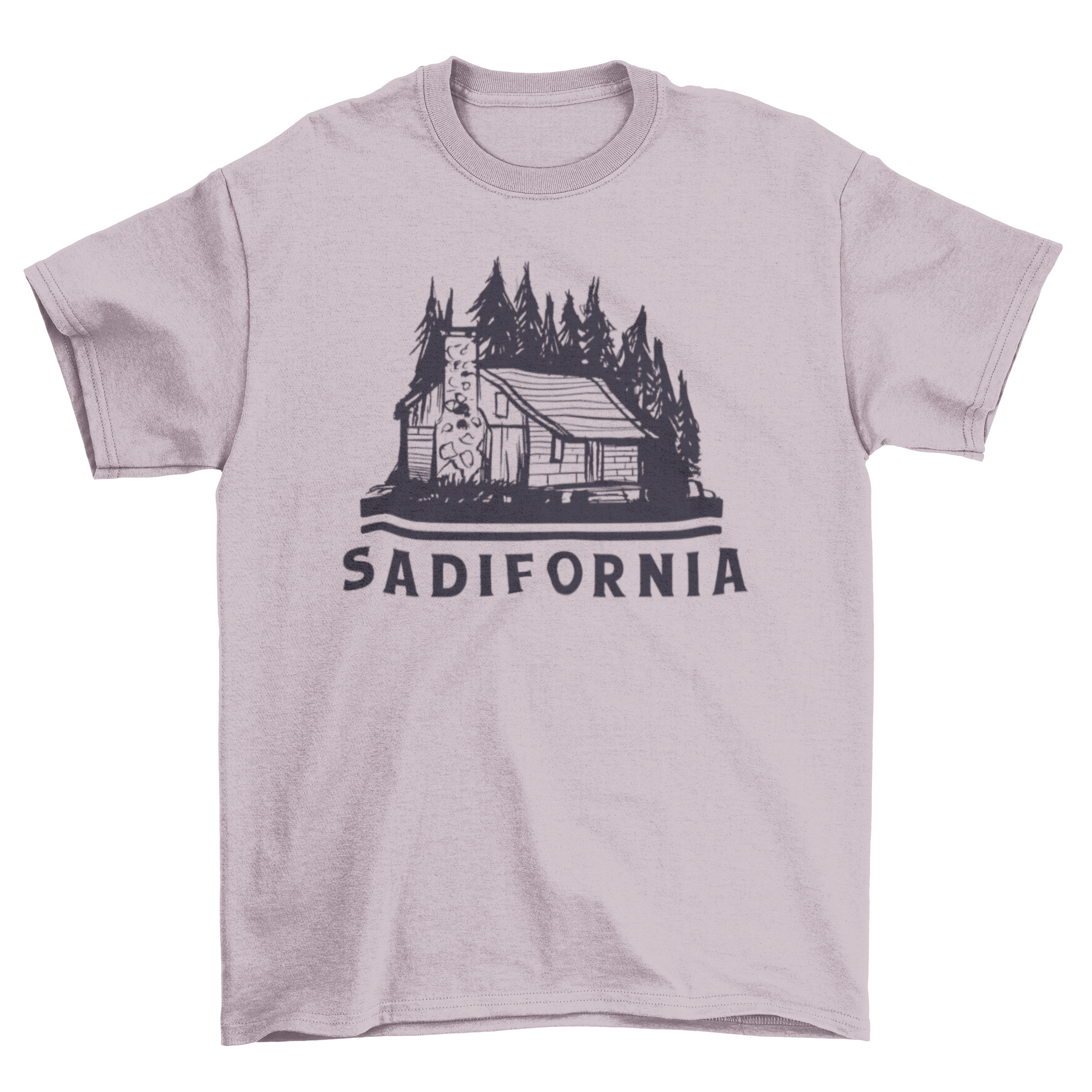 Sadifornia t-shirt featuring a black and white cabin design surrounded by pines, with the word 'Sadifornia' prominently displayed.