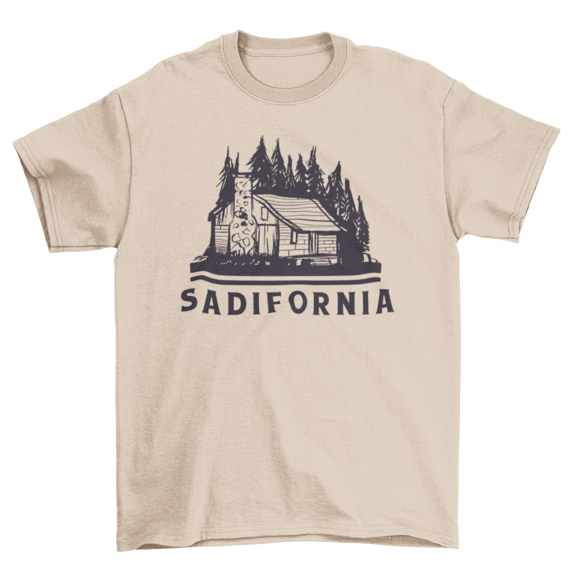 Sadifornia t-shirt featuring a black and white cabin design surrounded by pines, with the word 'Sadifornia' prominently displayed.