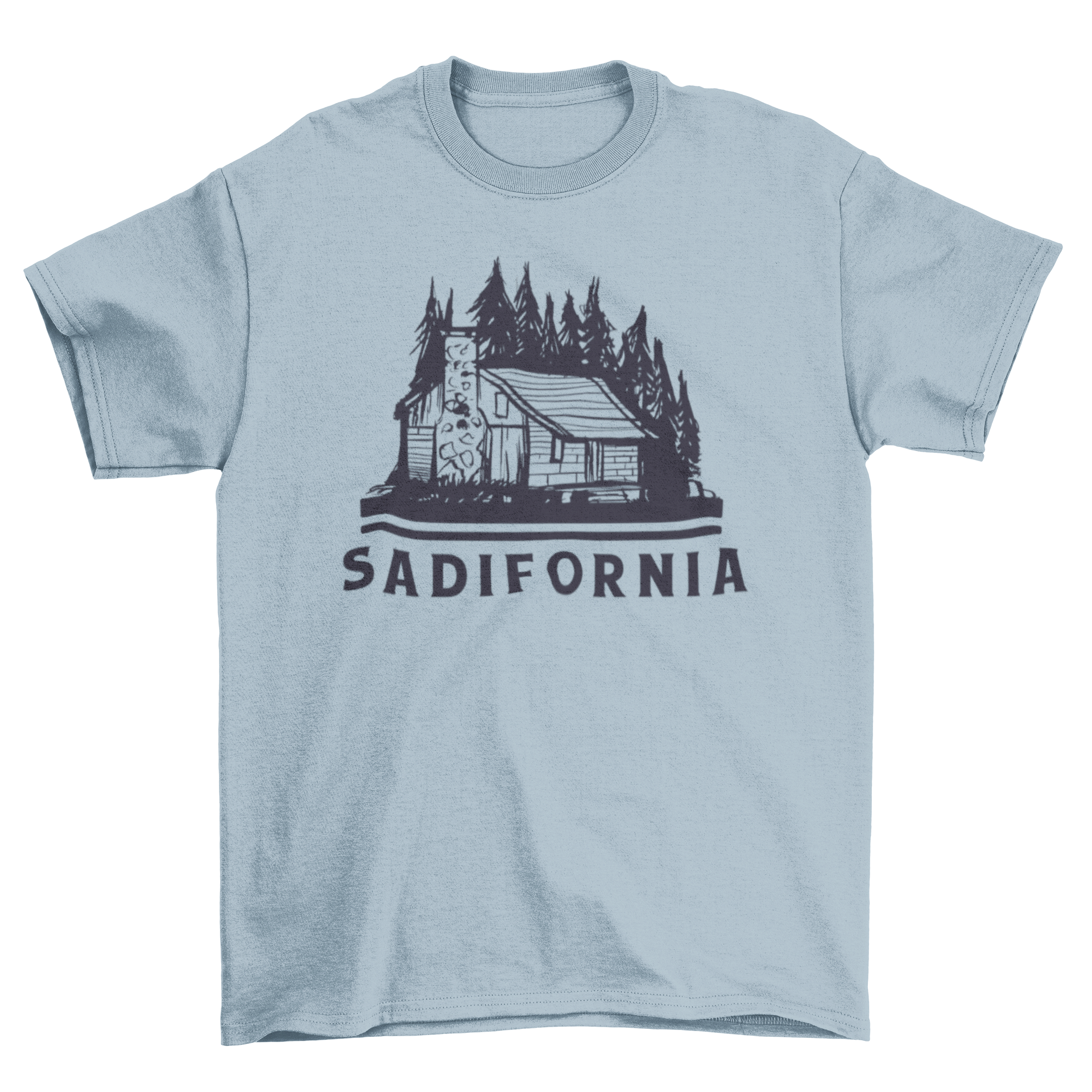 Sadifornia t-shirt featuring a black and white cabin design surrounded by pines, with the word 'Sadifornia' prominently displayed.