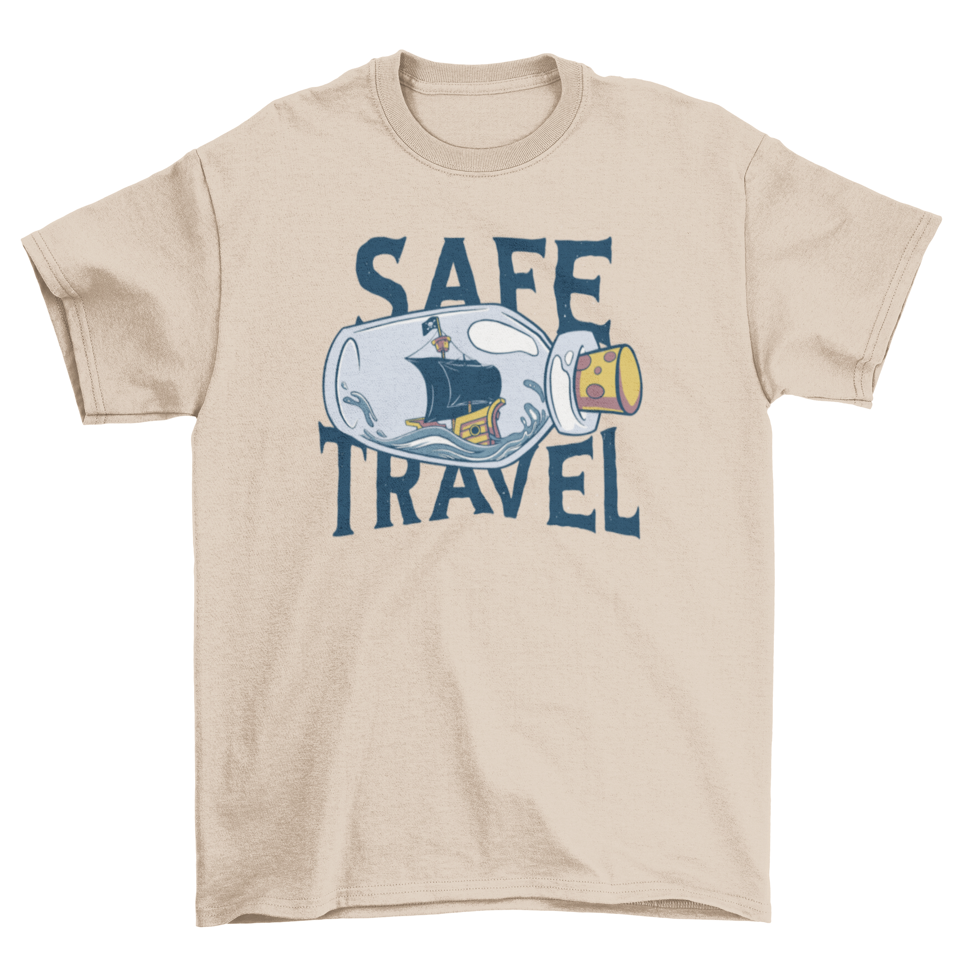 A stylish t-shirt featuring a pirate ship in a bottle design with the quote 'Safe travel', perfect for adventure lovers.