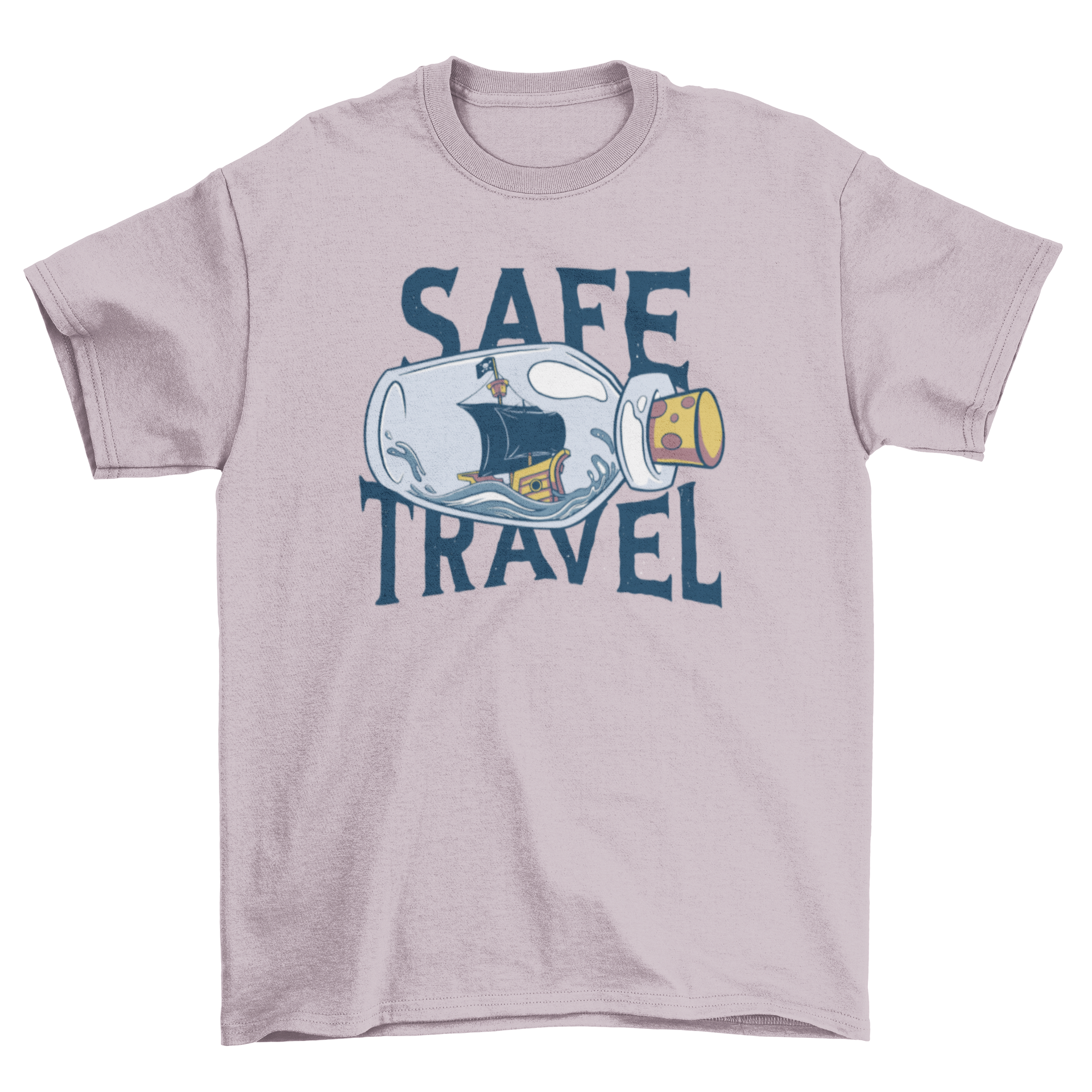 A stylish t-shirt featuring a pirate ship in a bottle design with the quote 'Safe travel', perfect for adventure lovers.