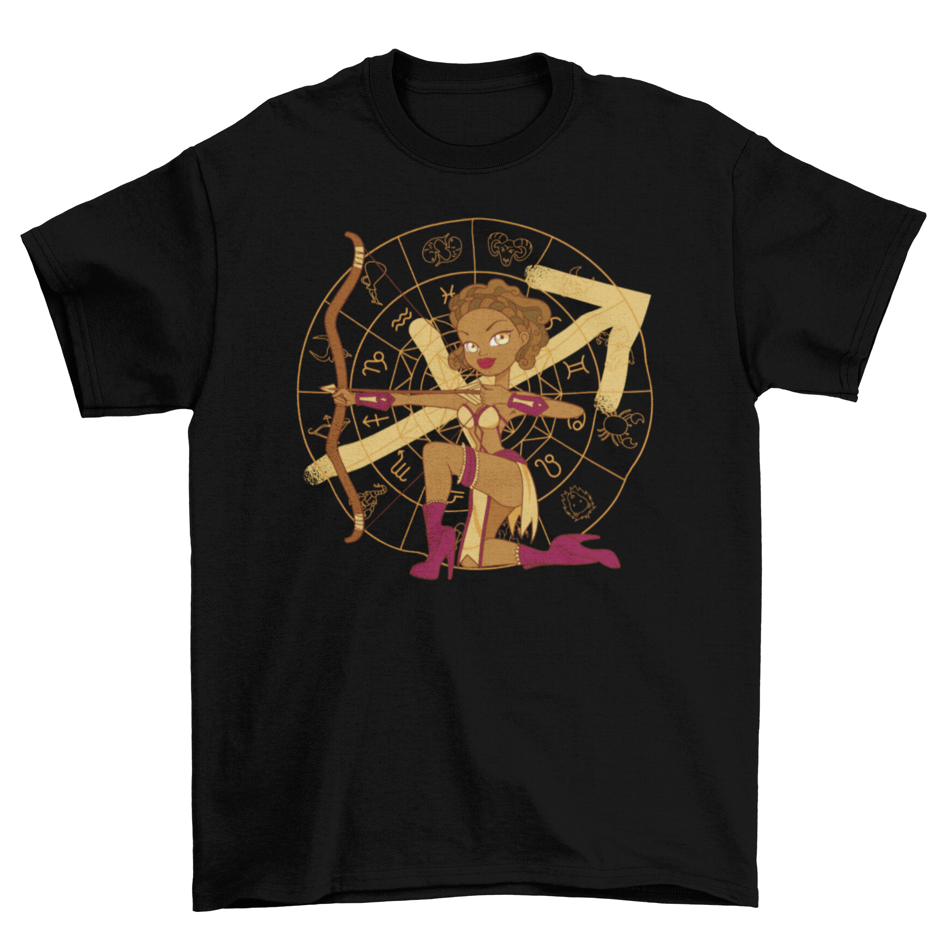 A stylish t-shirt featuring a pin-up girl archer representing Sagittarius zodiac sign, showcasing vibrant colors and intricate design.