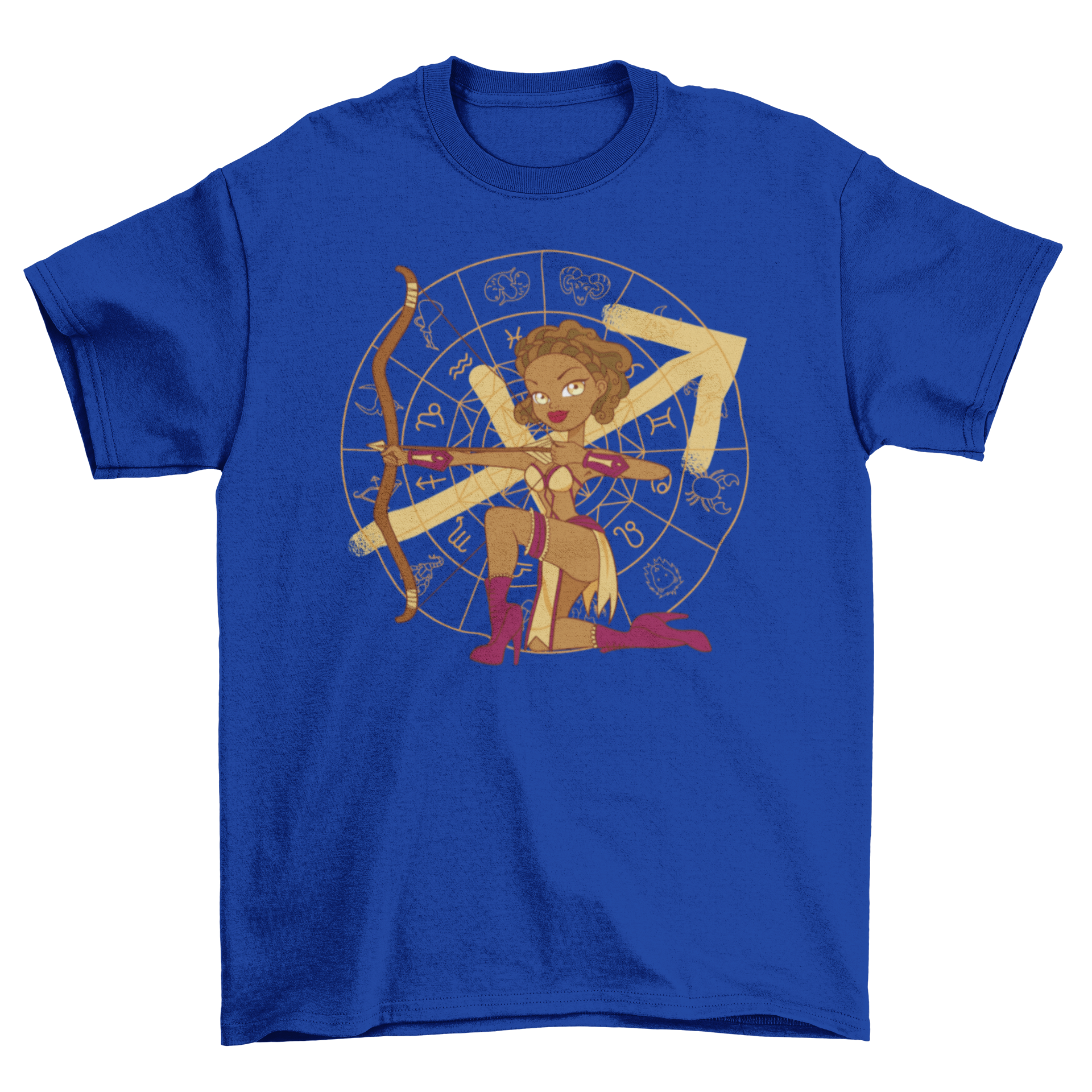 A stylish t-shirt featuring a pin-up girl archer representing Sagittarius zodiac sign, showcasing vibrant colors and intricate design.