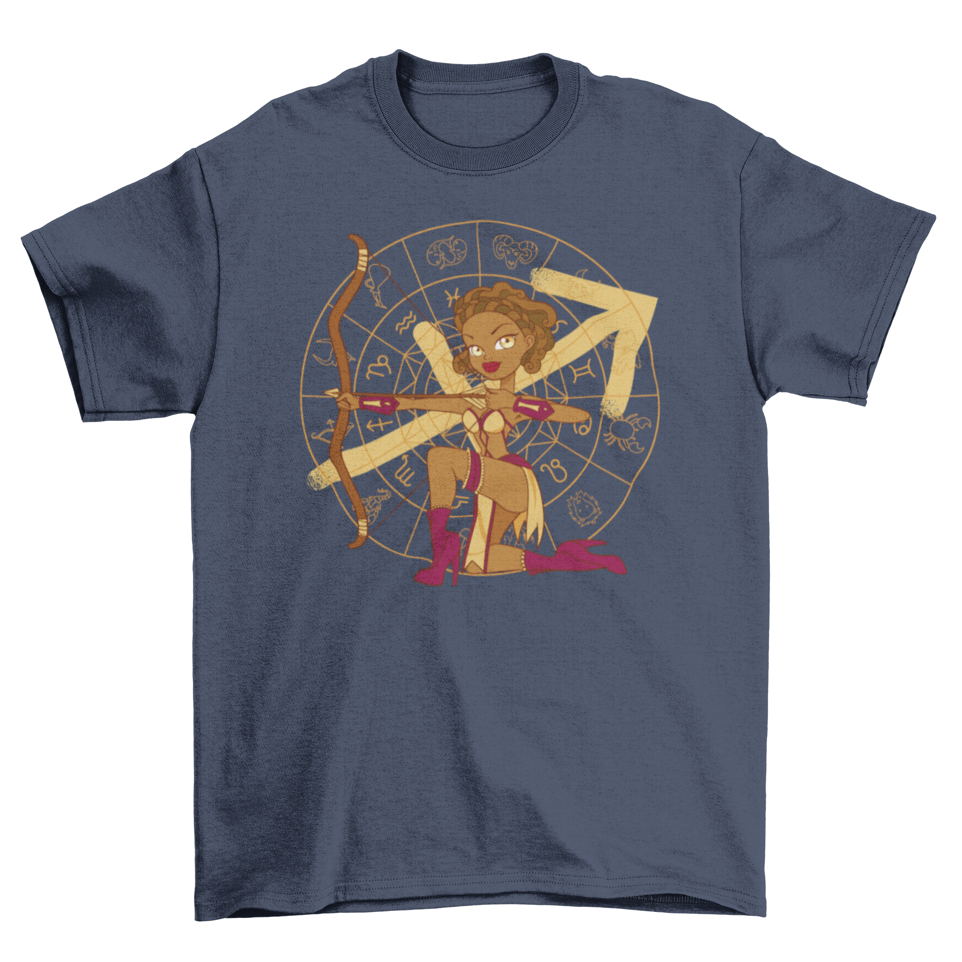 A stylish t-shirt featuring a pin-up girl archer representing Sagittarius zodiac sign, showcasing vibrant colors and intricate design.