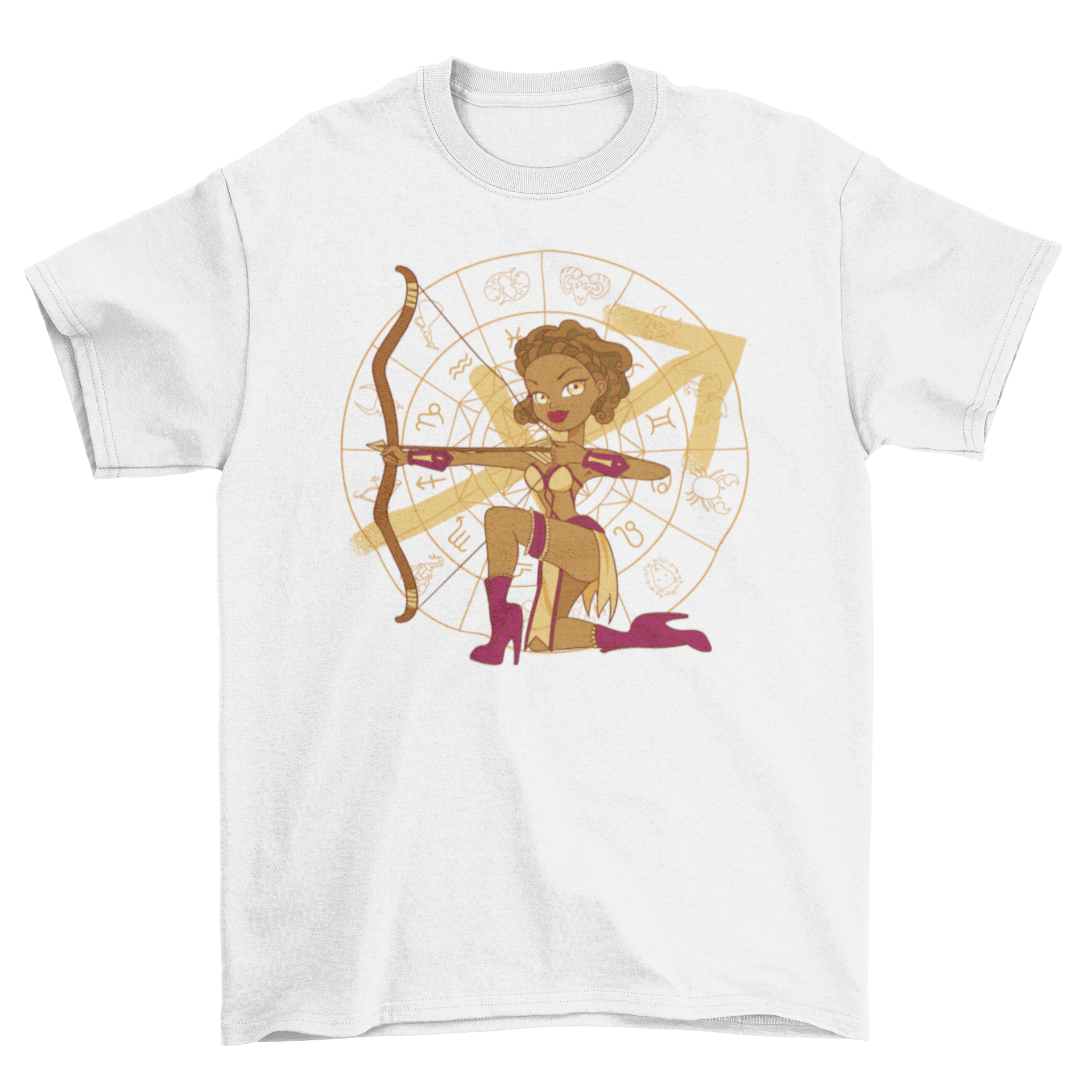 A stylish t-shirt featuring a pin-up girl archer representing Sagittarius zodiac sign, showcasing vibrant colors and intricate design.