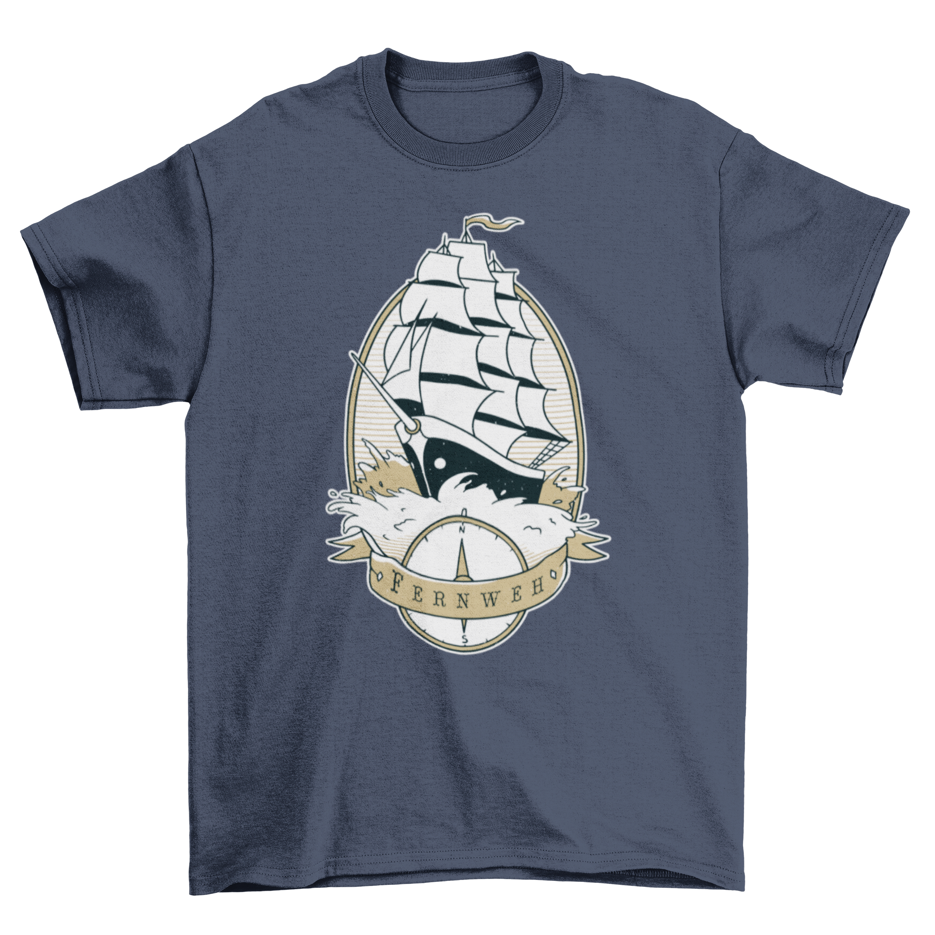 Sail Ship Quote T-shirt featuring an old sail ship and compass with the word FERNWEH, symbolizing wanderlust.