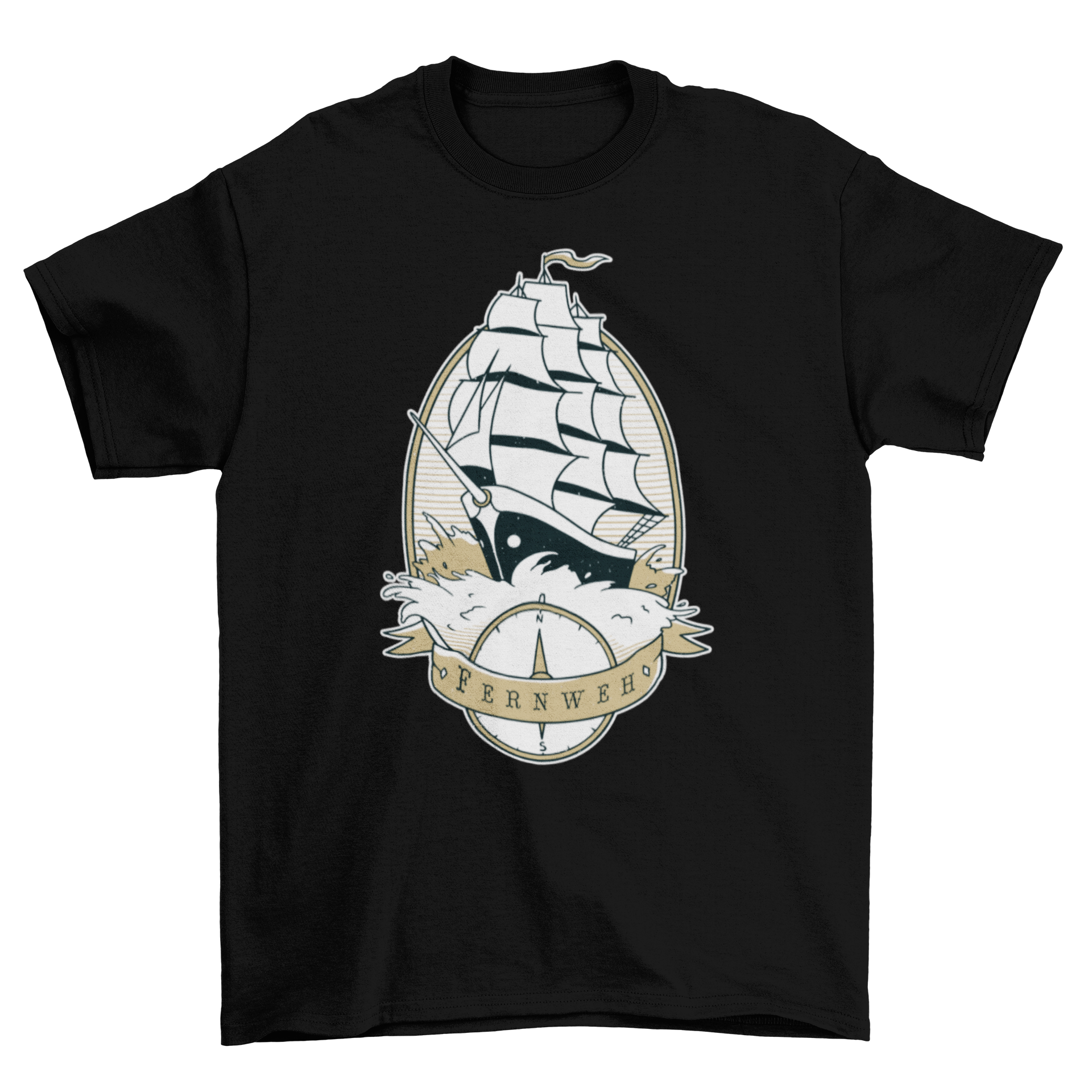 Sail Ship Quote T-shirt featuring an old sail ship and compass with the word FERNWEH, symbolizing wanderlust.