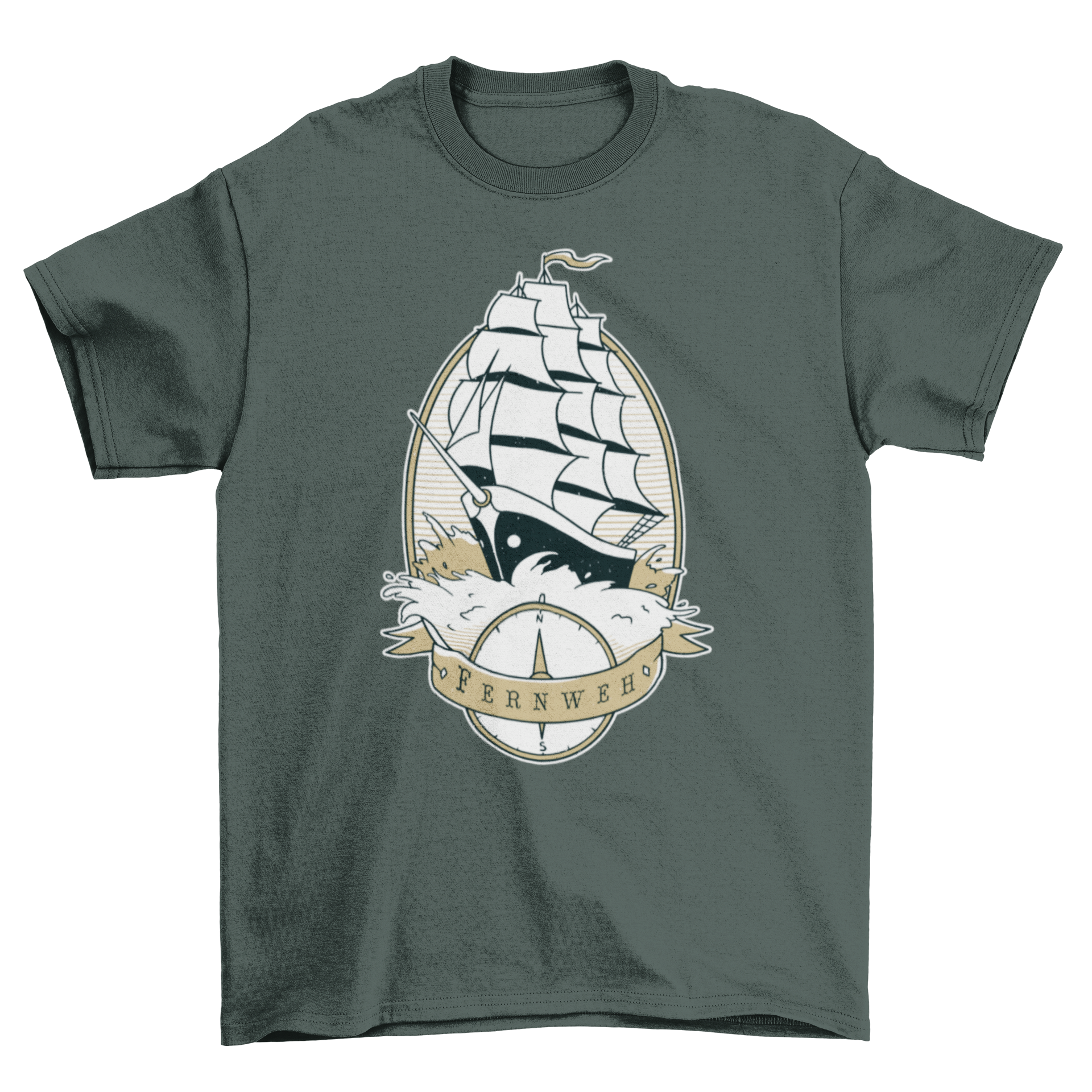 Sail Ship Quote T-shirt featuring an old sail ship and compass with the word FERNWEH, symbolizing wanderlust.