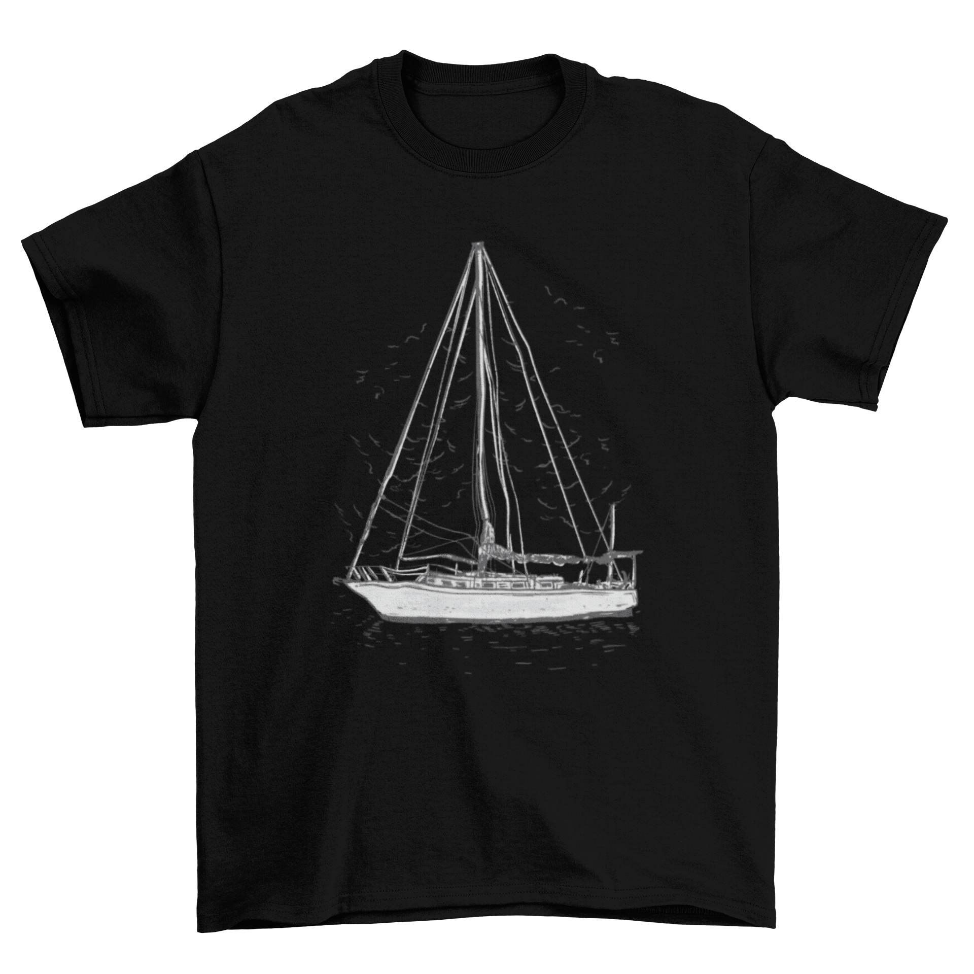 A stylish t-shirt featuring a hand-drawn sailboat design, perfect for sailing enthusiasts.