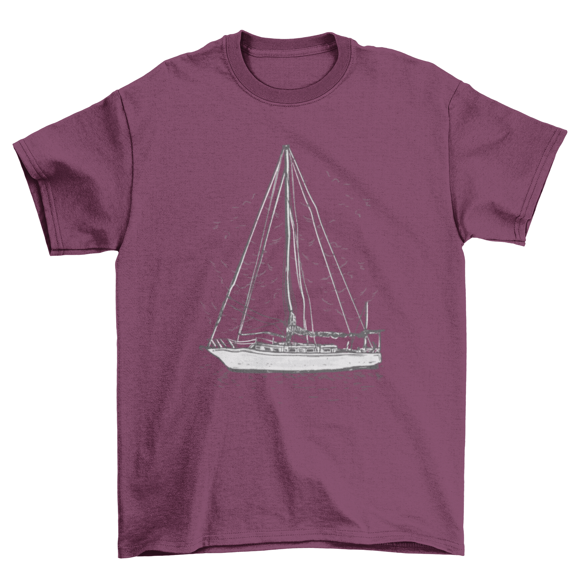 A stylish t-shirt featuring a hand-drawn sailboat design, perfect for sailing enthusiasts.